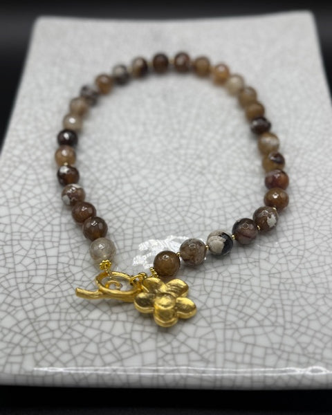 Tiger's Eye Necklace with Gold Flower Charm