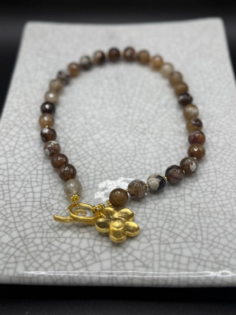 Tiger's Eye Necklace with Gold Flower Charm