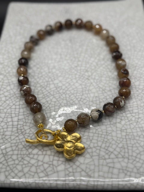 Tiger's Eye Necklace with Gold Flower Charm
