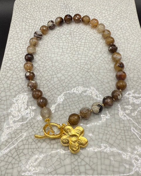Tiger's Eye Necklace with Gold Flower Charm