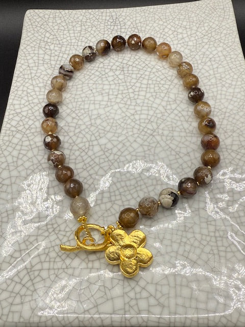 Tiger's Eye Necklace with Gold Flower Charm
