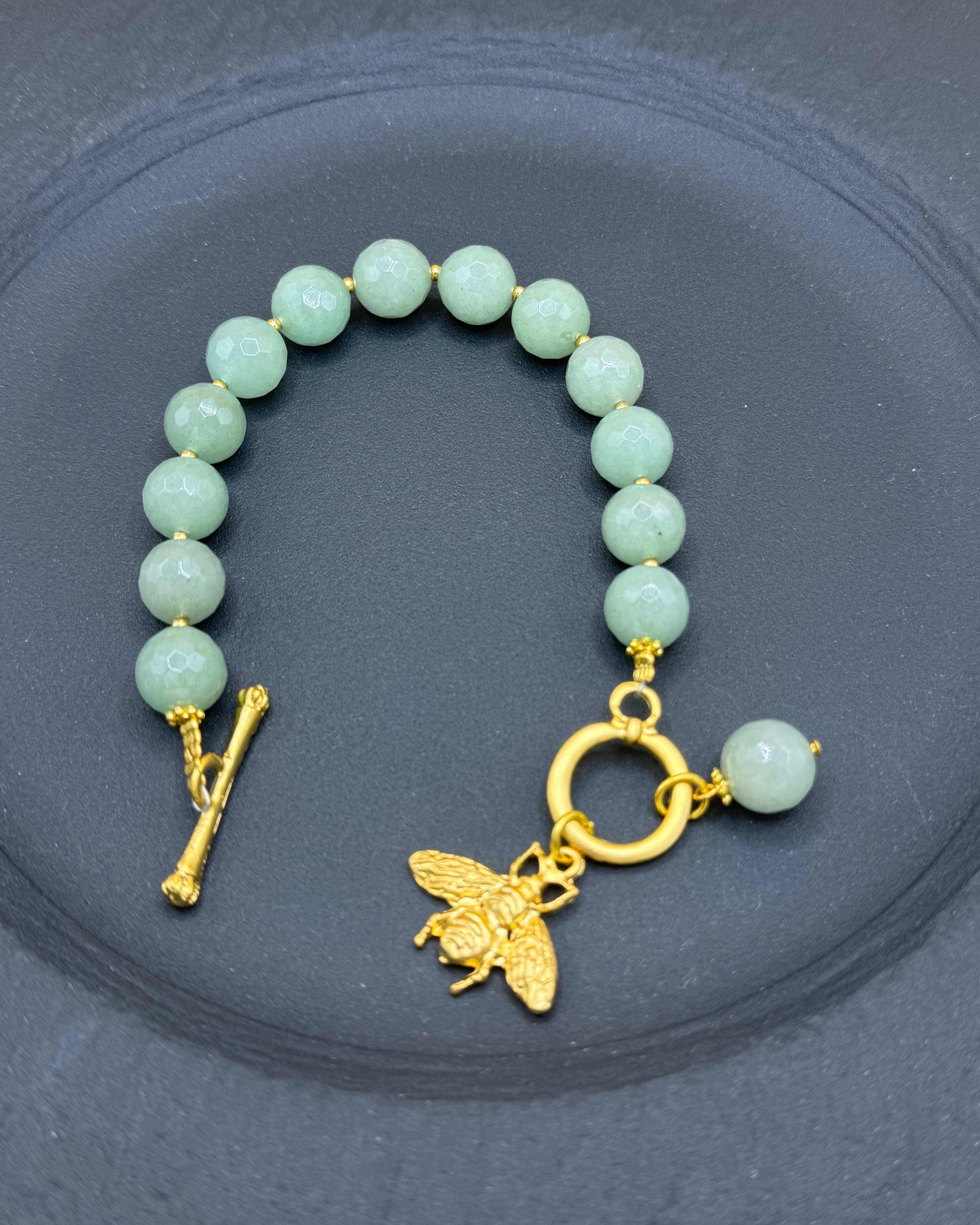 Pale Green Agate Bead Bracelet with Gold Bee Charm