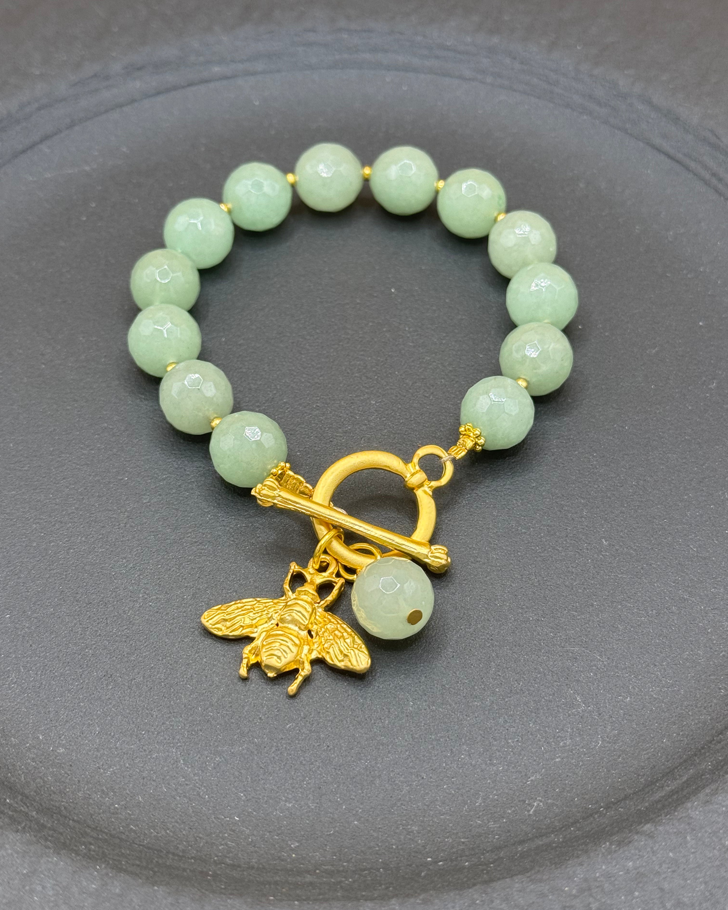 Pale Green Agate Bead Bracelet with Gold Bee Charm