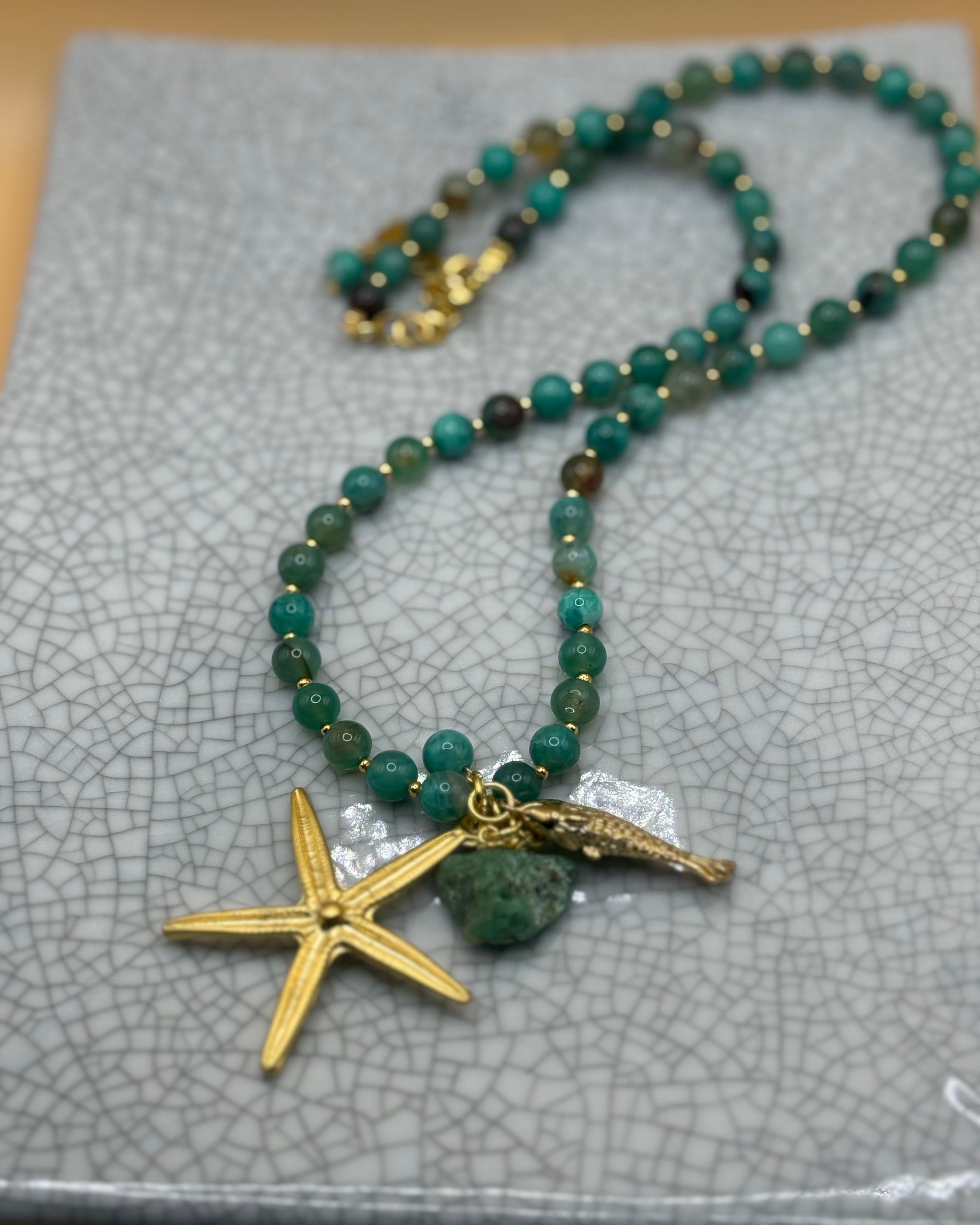 Stunning Long Myanmar Jade Necklace With Gold Charms