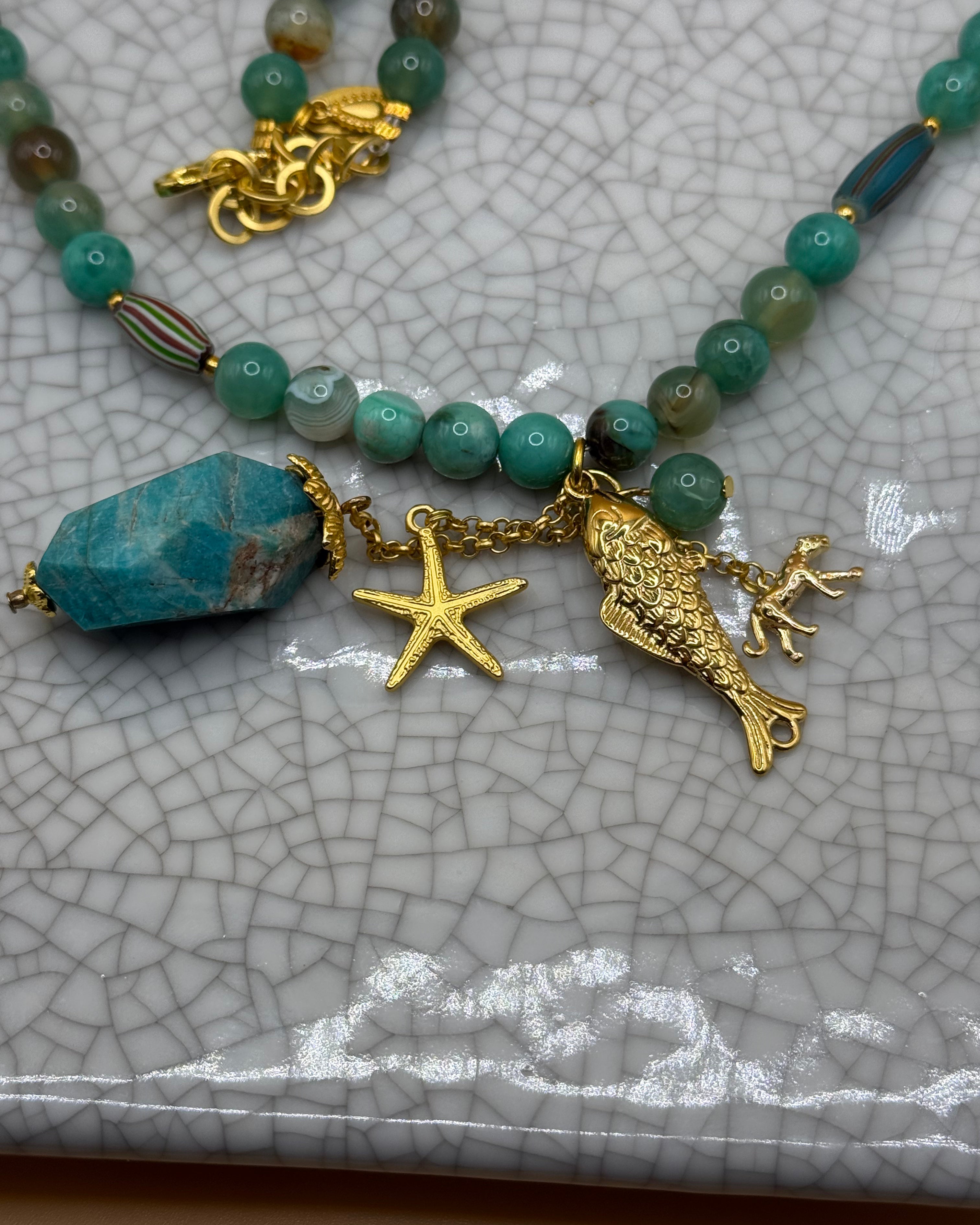 Stunning Long Myanmar Jade Necklace With Gold Charms