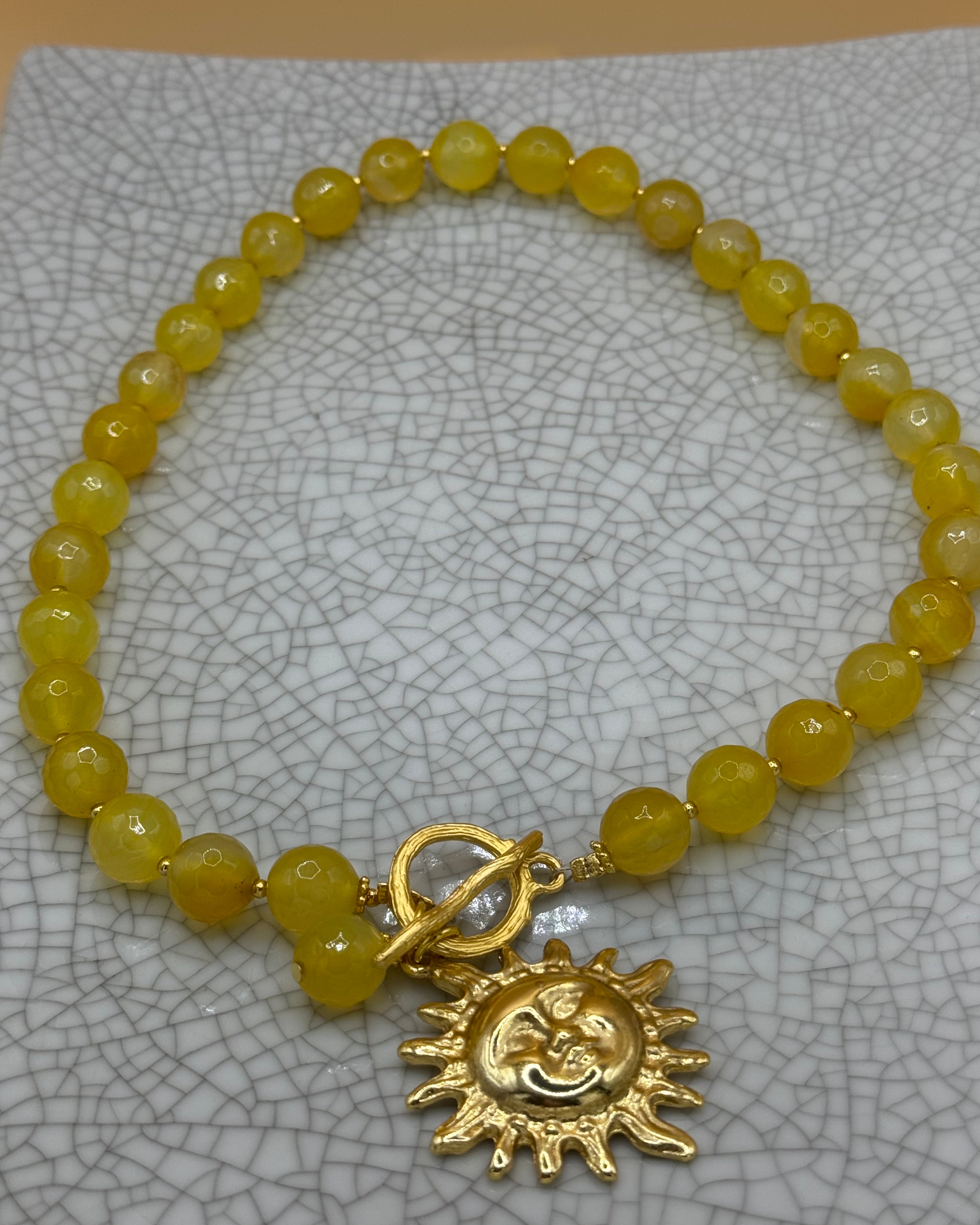 Stunning Yellow Agate Necklace With Gold Sun Charm