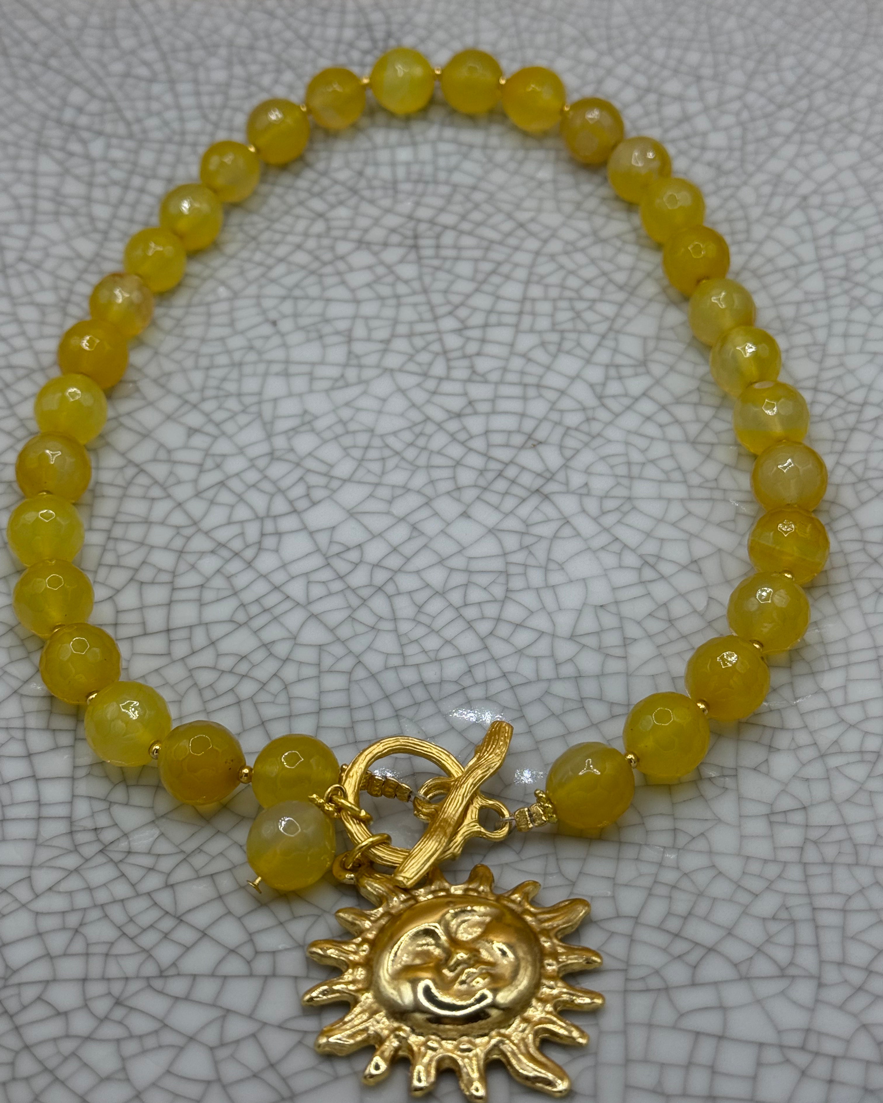 Stunning Yellow Agate Necklace With Gold Sun Charm