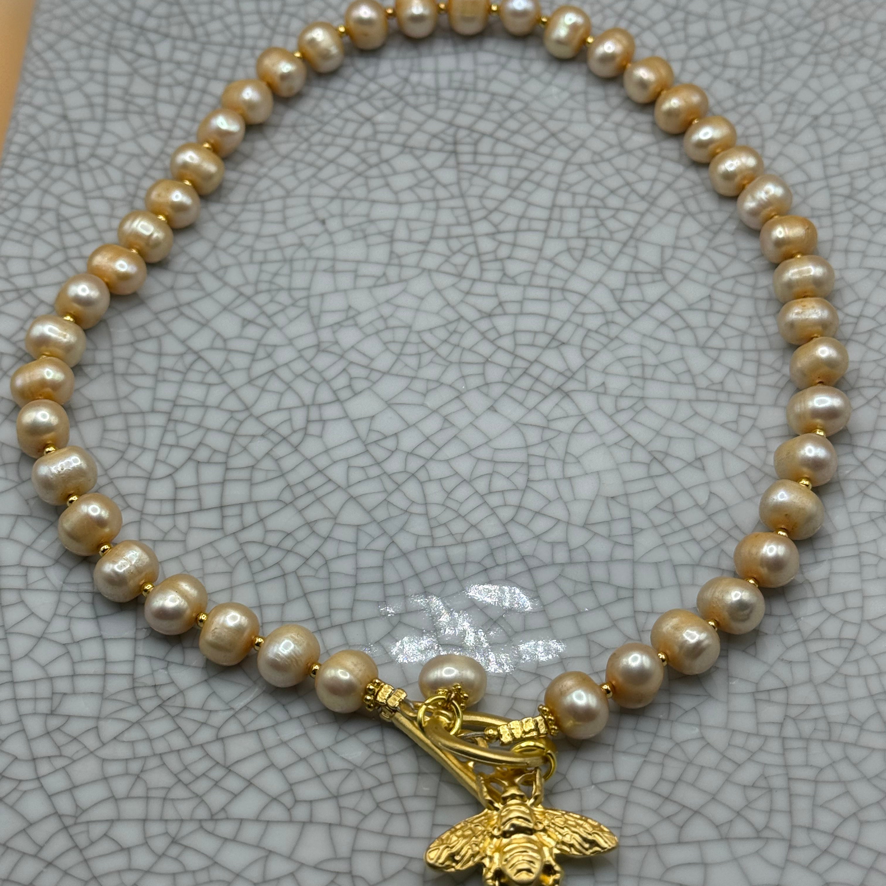 Golden Pearl Necklace with Gold Bee Charm