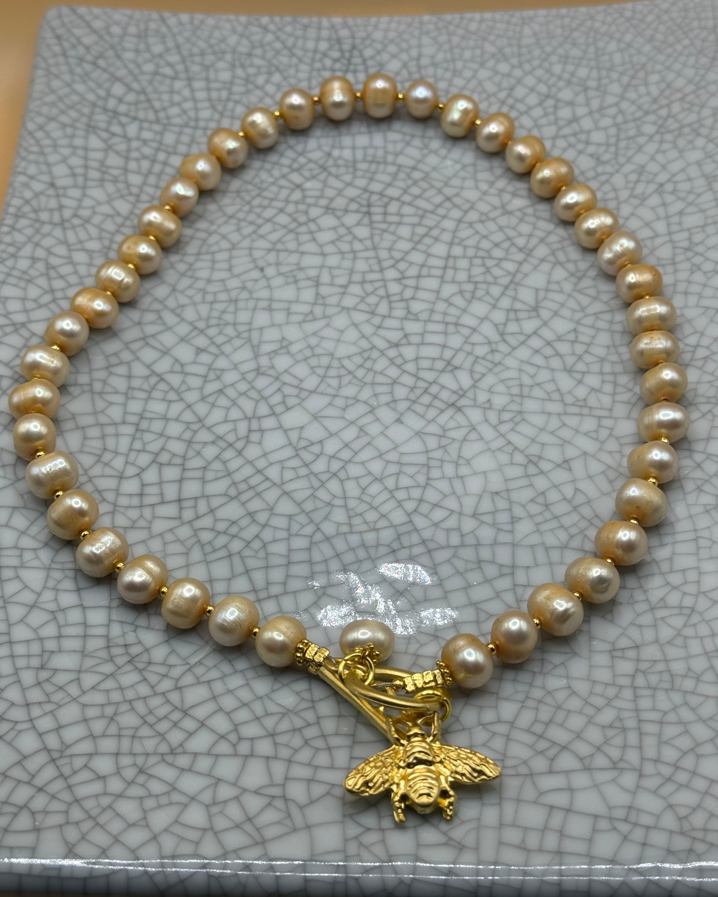 Golden Pearl Necklace with Gold Bee Charm
