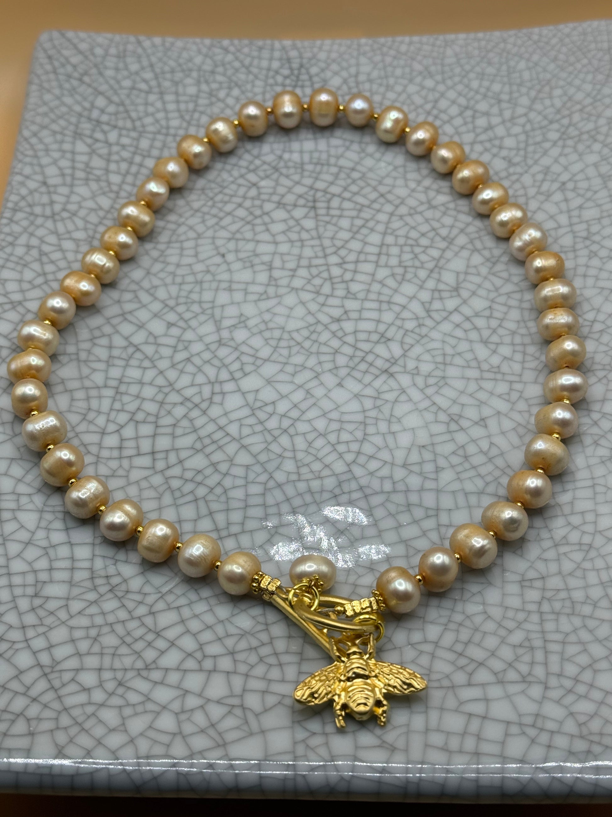 Golden Pearl Necklace with Gold Bee Charm