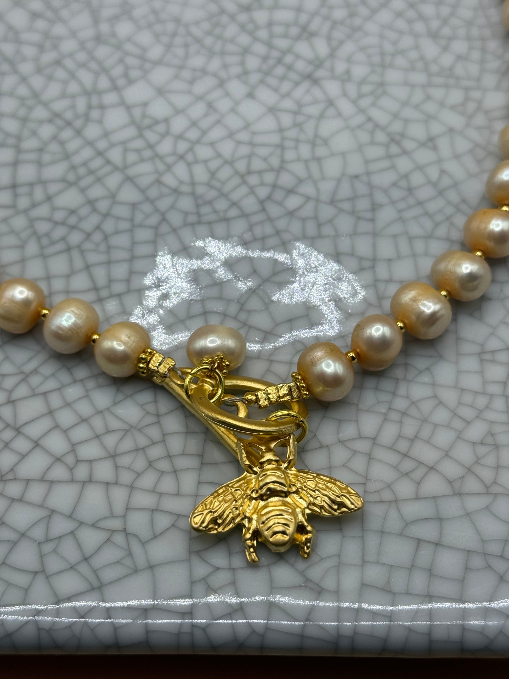 Golden Pearl Necklace with Gold Bee Charm