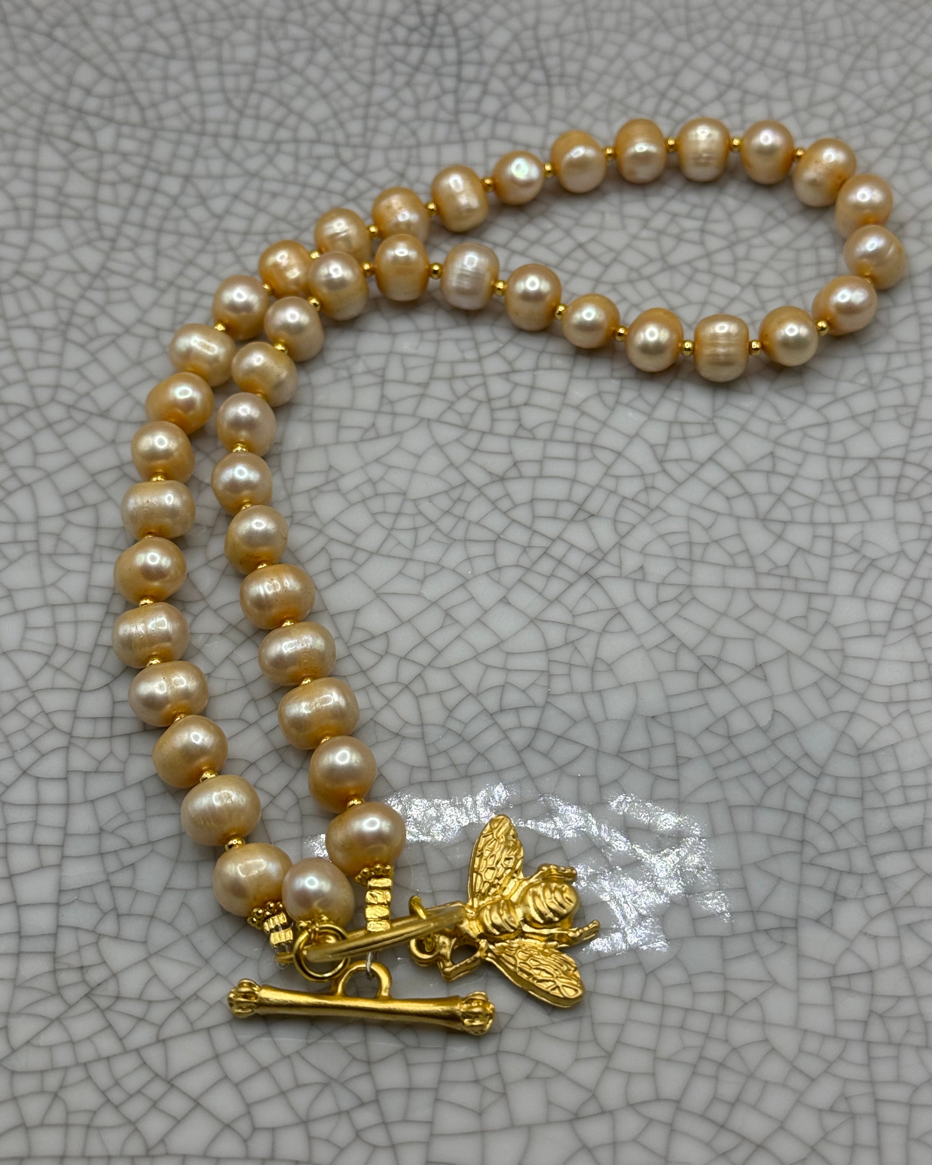 Golden Pearl Necklace with Gold Bee Charm
