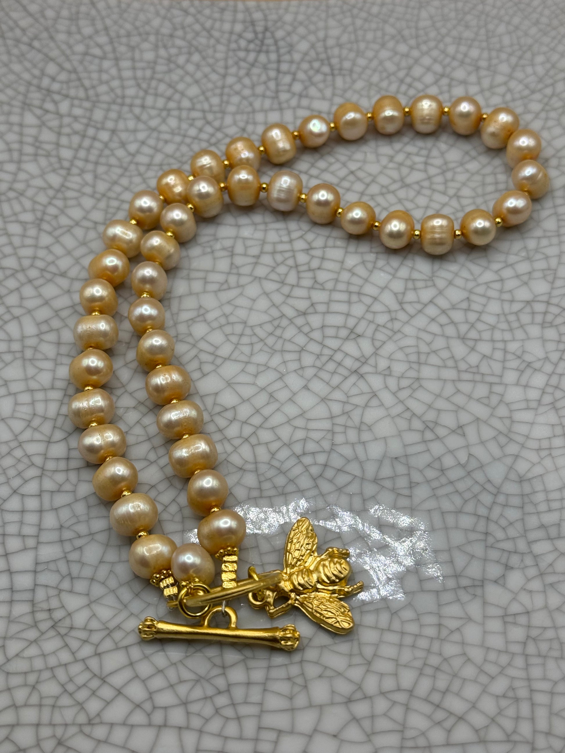 Golden Pearl Necklace with Gold Bee Charm