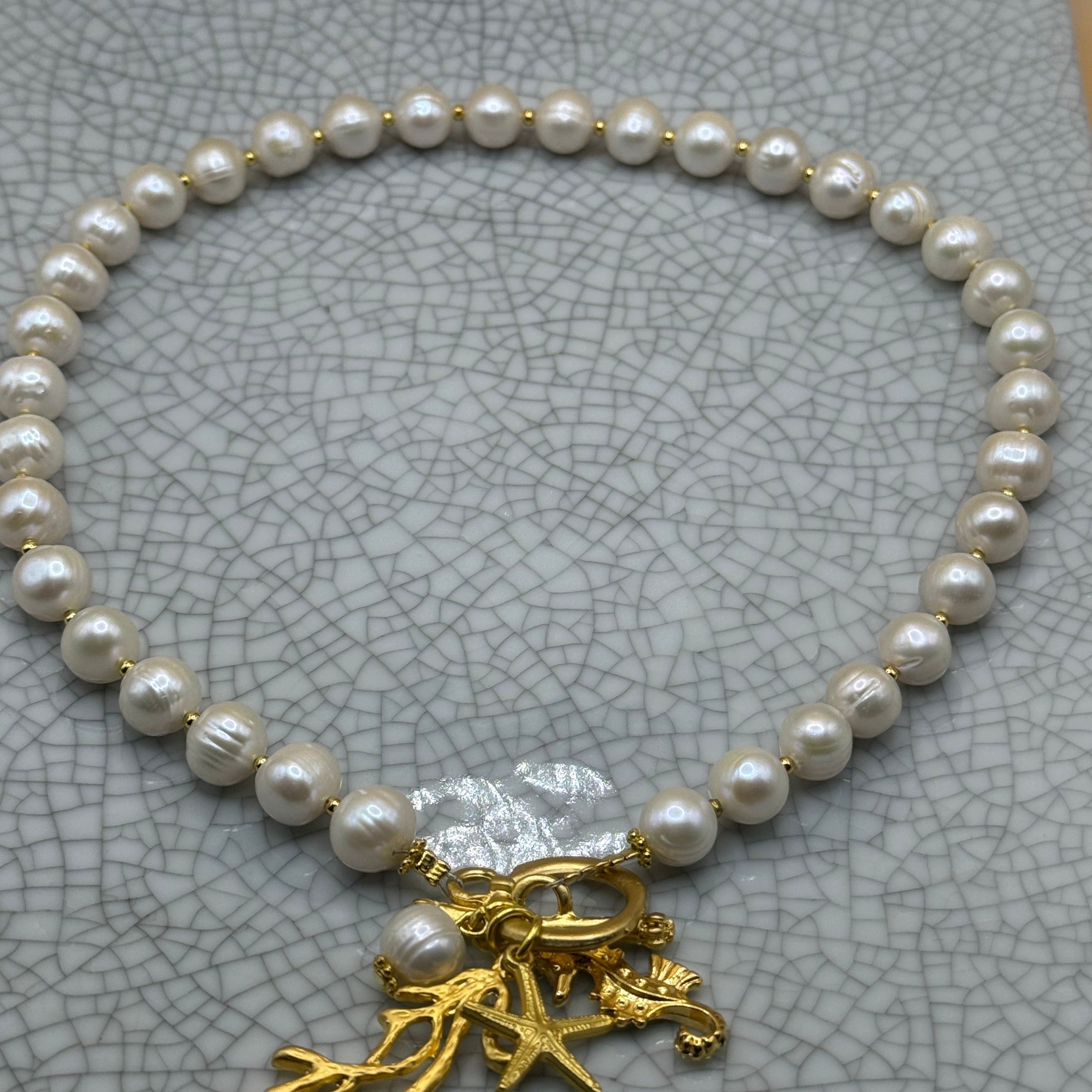 Freshwater Pearl & Gold Necklace With Coral & Seahorse Charm