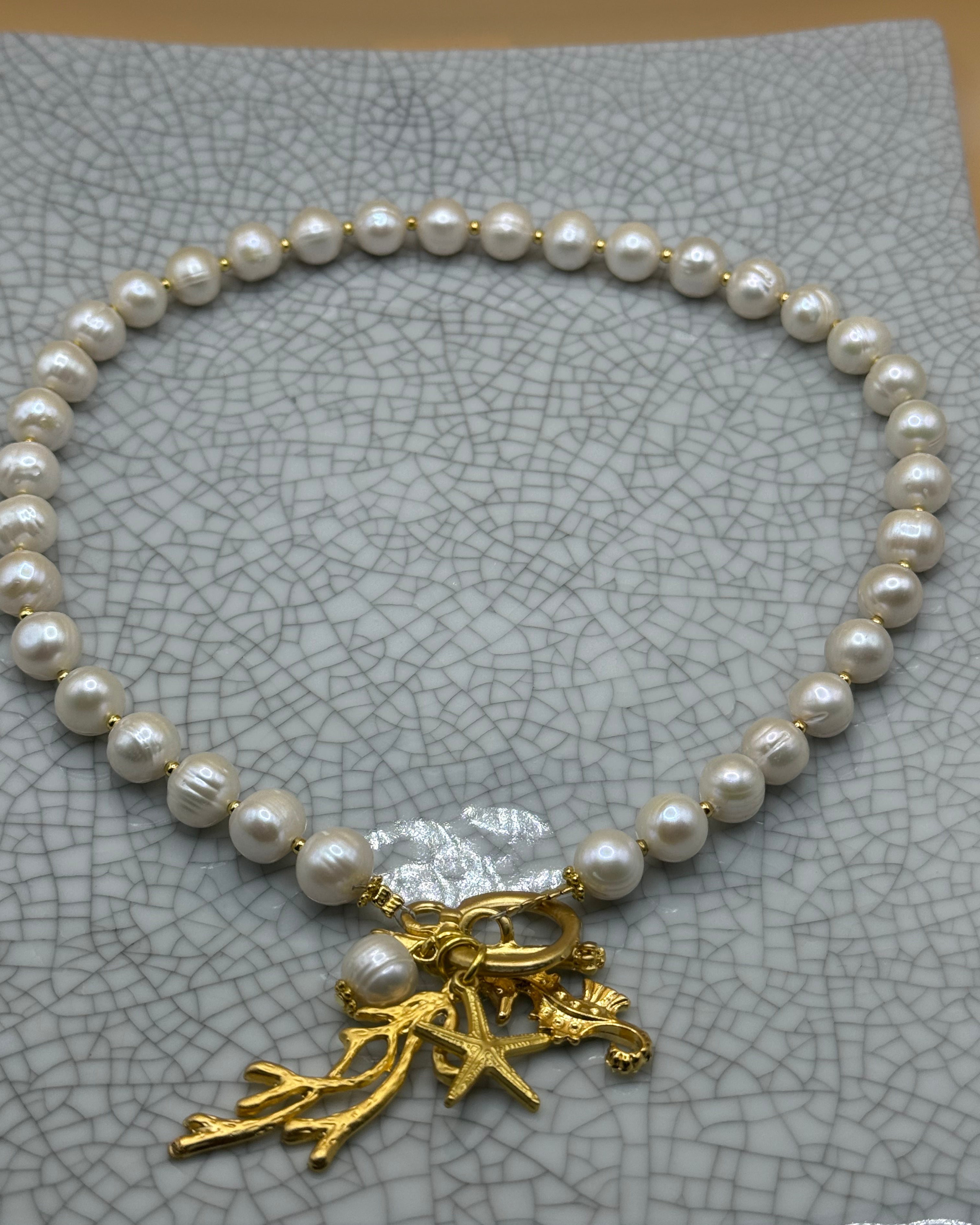 Freshwater Pearl & Gold Necklace With Coral & Seahorse Charm
