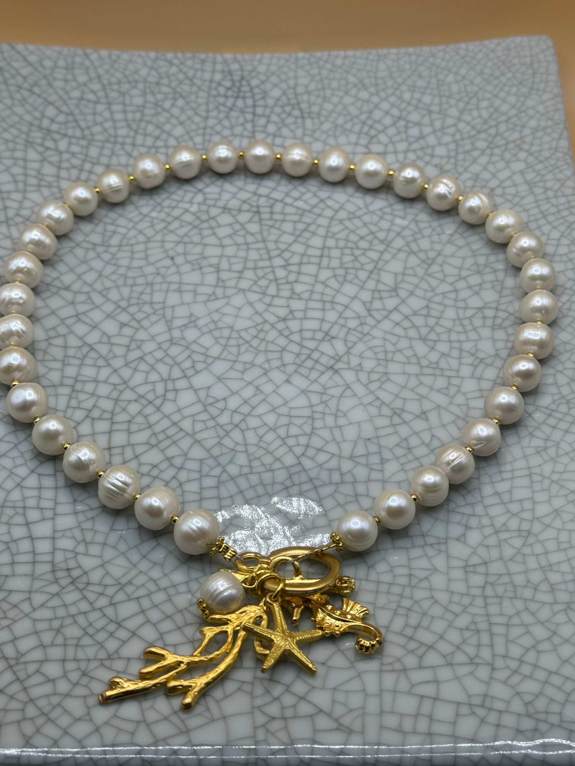 Freshwater Pearl & Gold Necklace With Coral & Seahorse Charm
