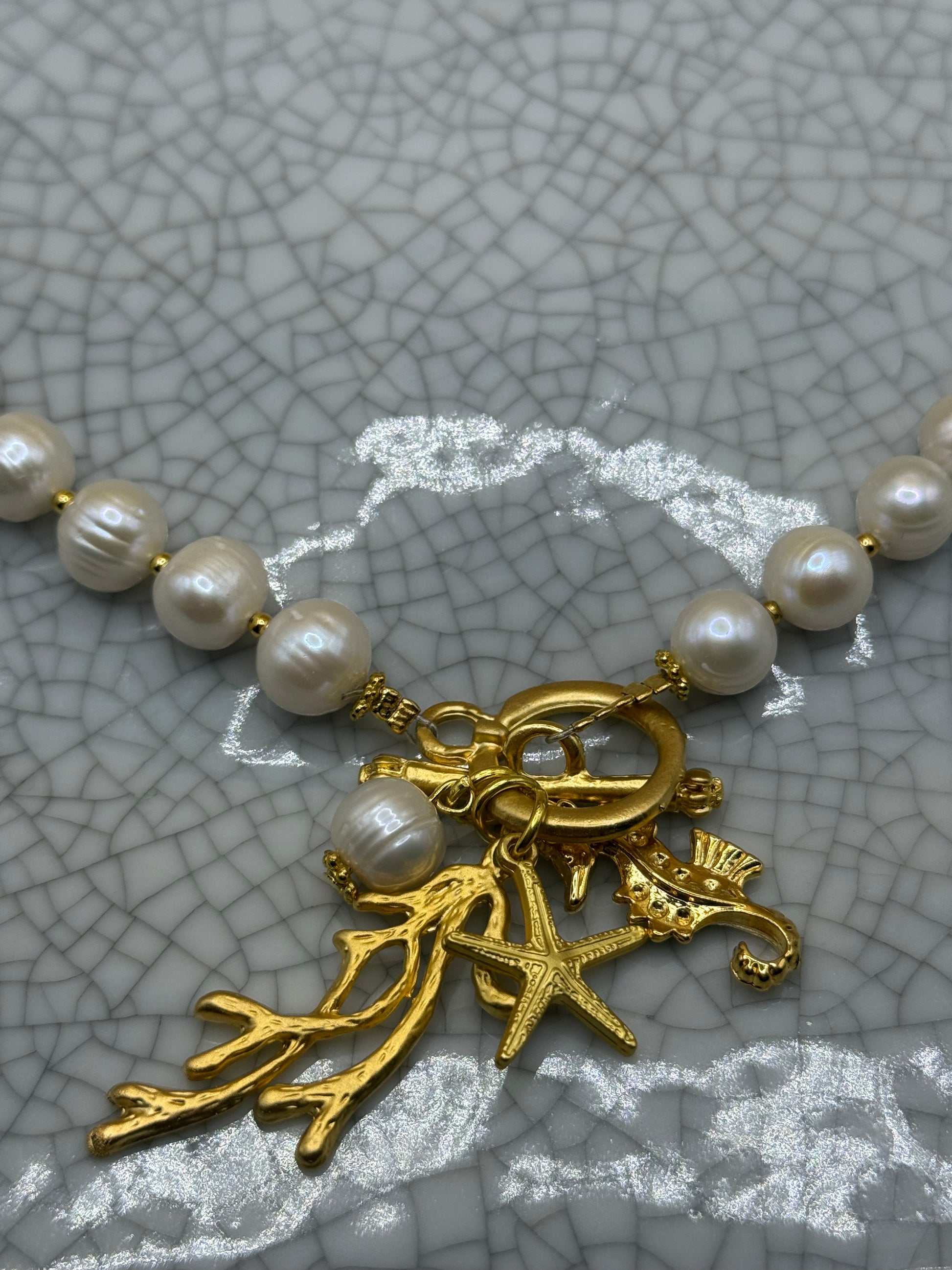 Freshwater Pearl & Gold Necklace With Coral & Seahorse Charm