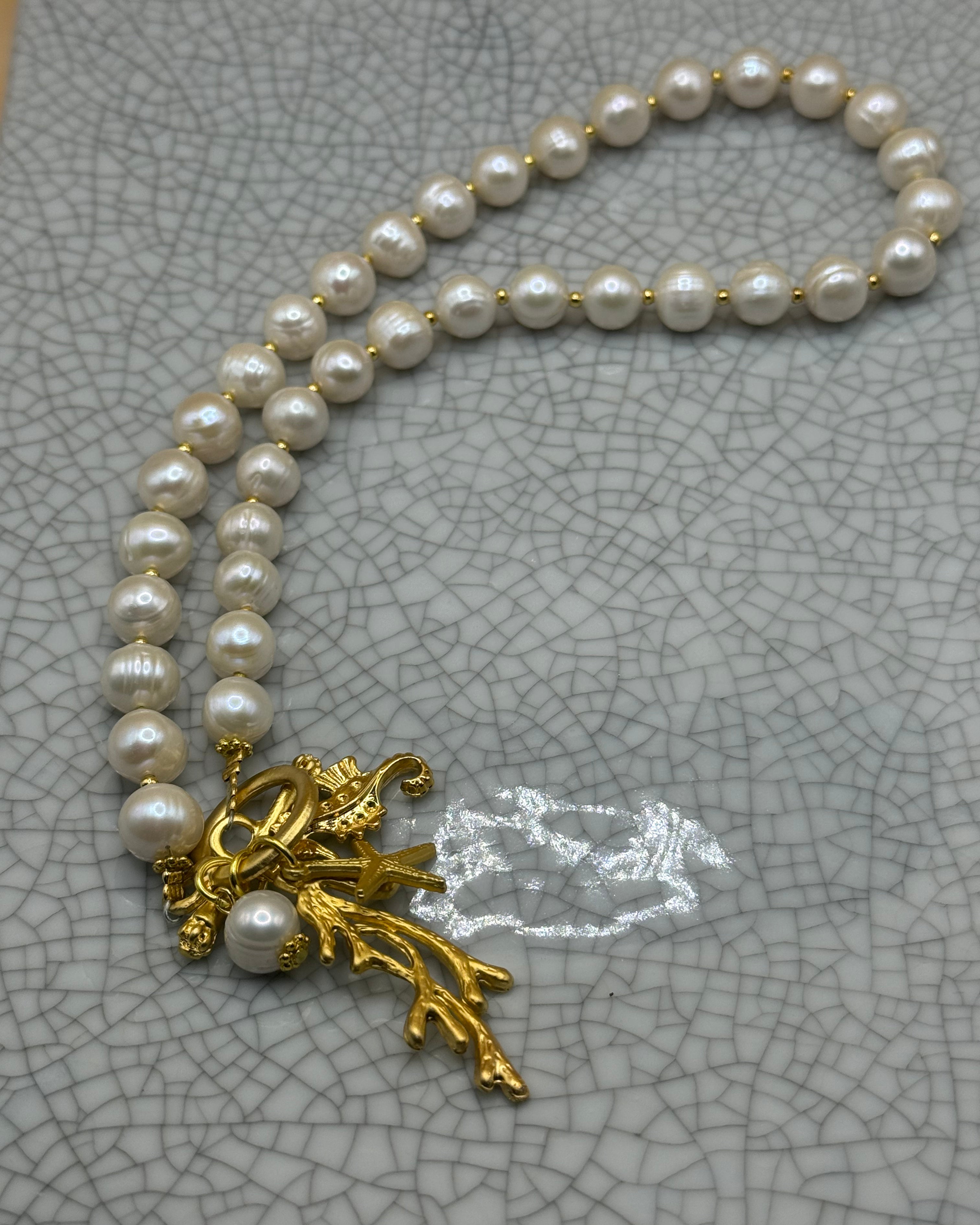 Freshwater Pearl & Gold Necklace With Coral & Seahorse Charm