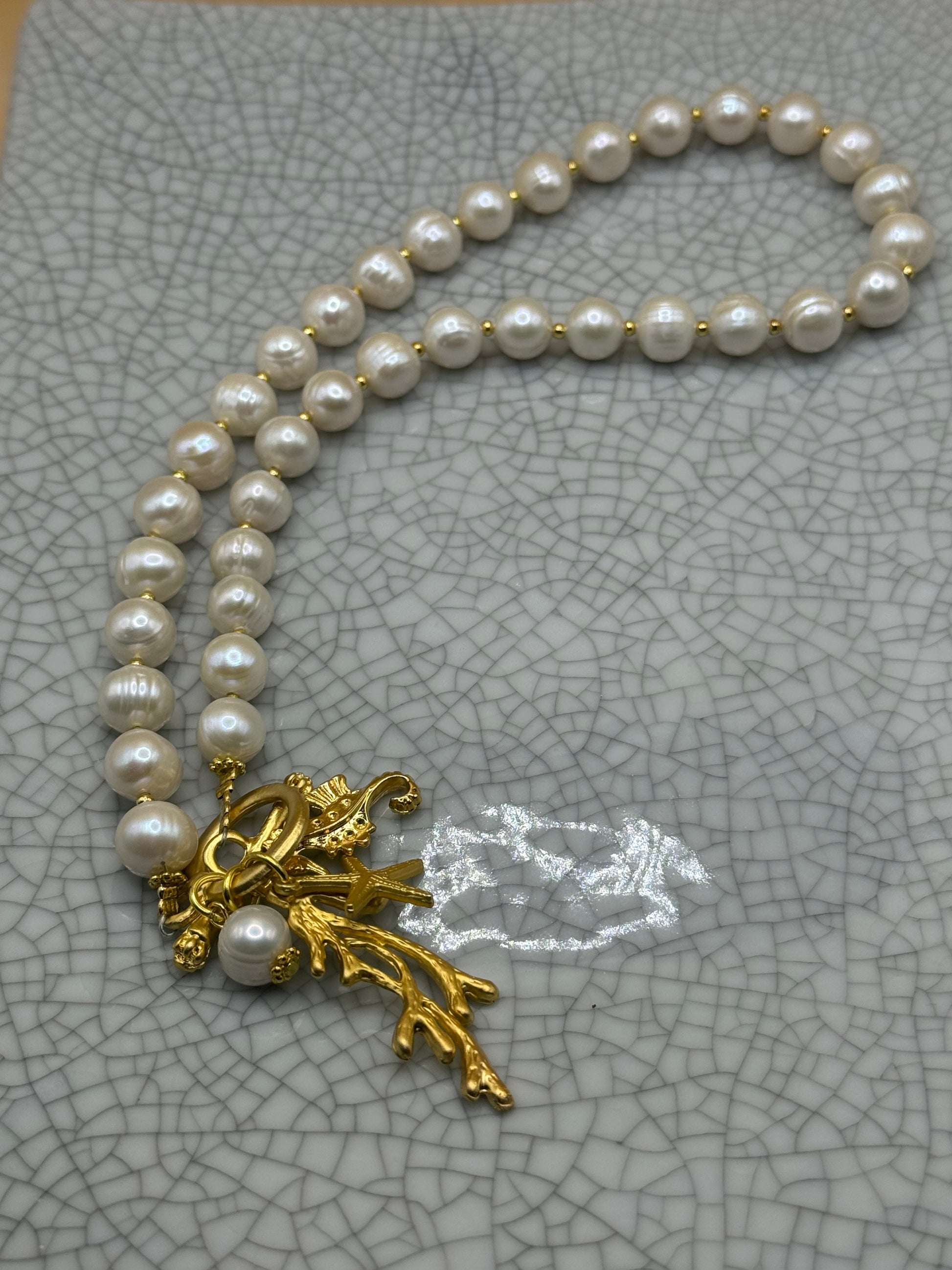 Freshwater Pearl & Gold Necklace With Coral & Seahorse Charm