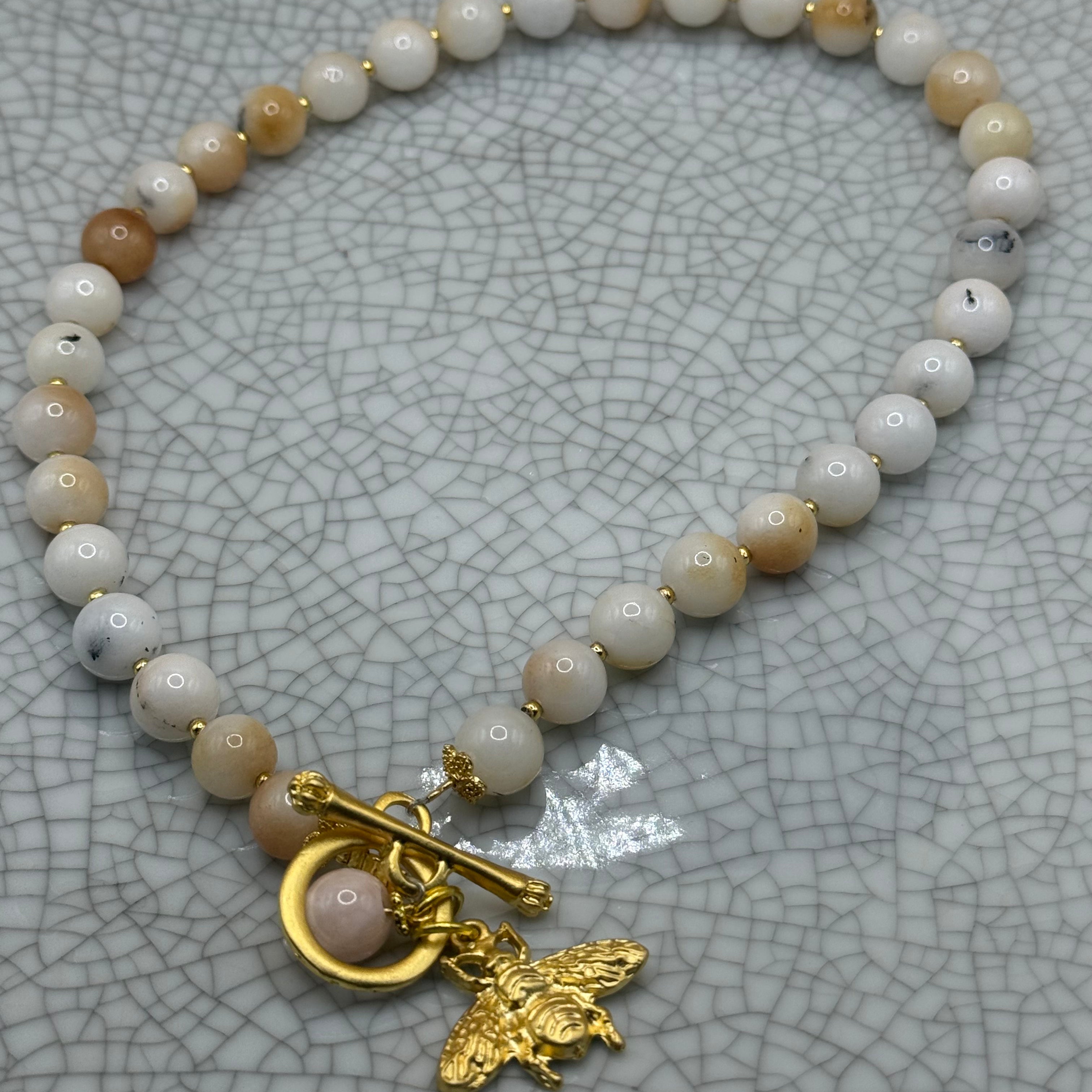 Cream Agate Necklace With Gold Bee Charm