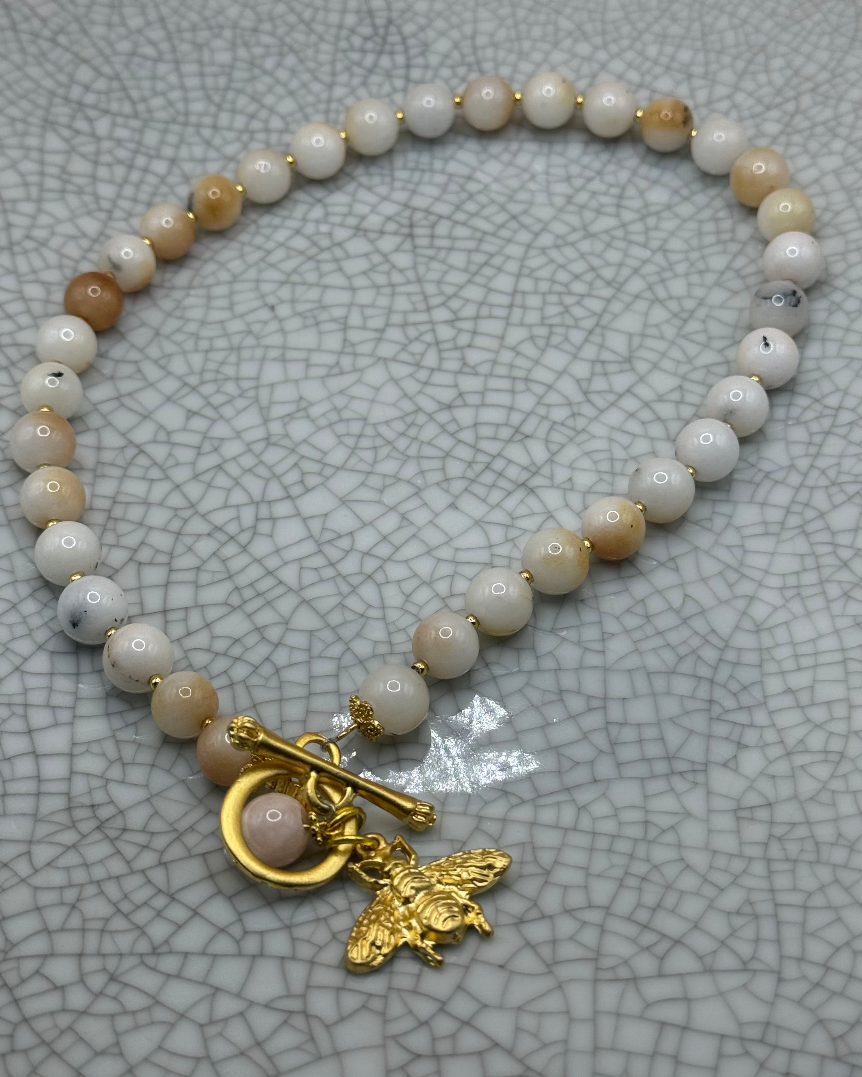 Cream Agate Necklace With Gold Bee Charm
