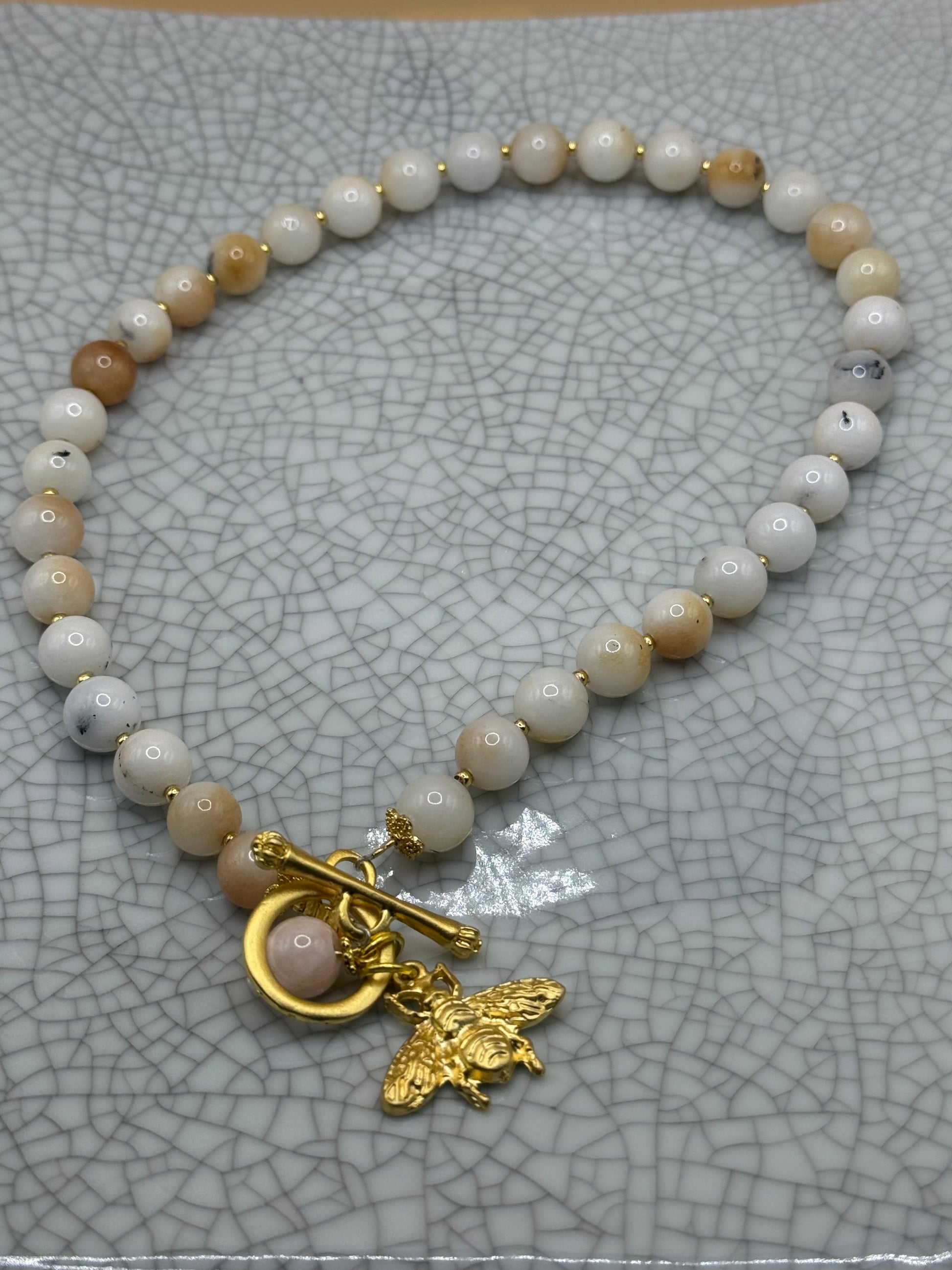 Cream Agate Necklace With Gold Bee Charm