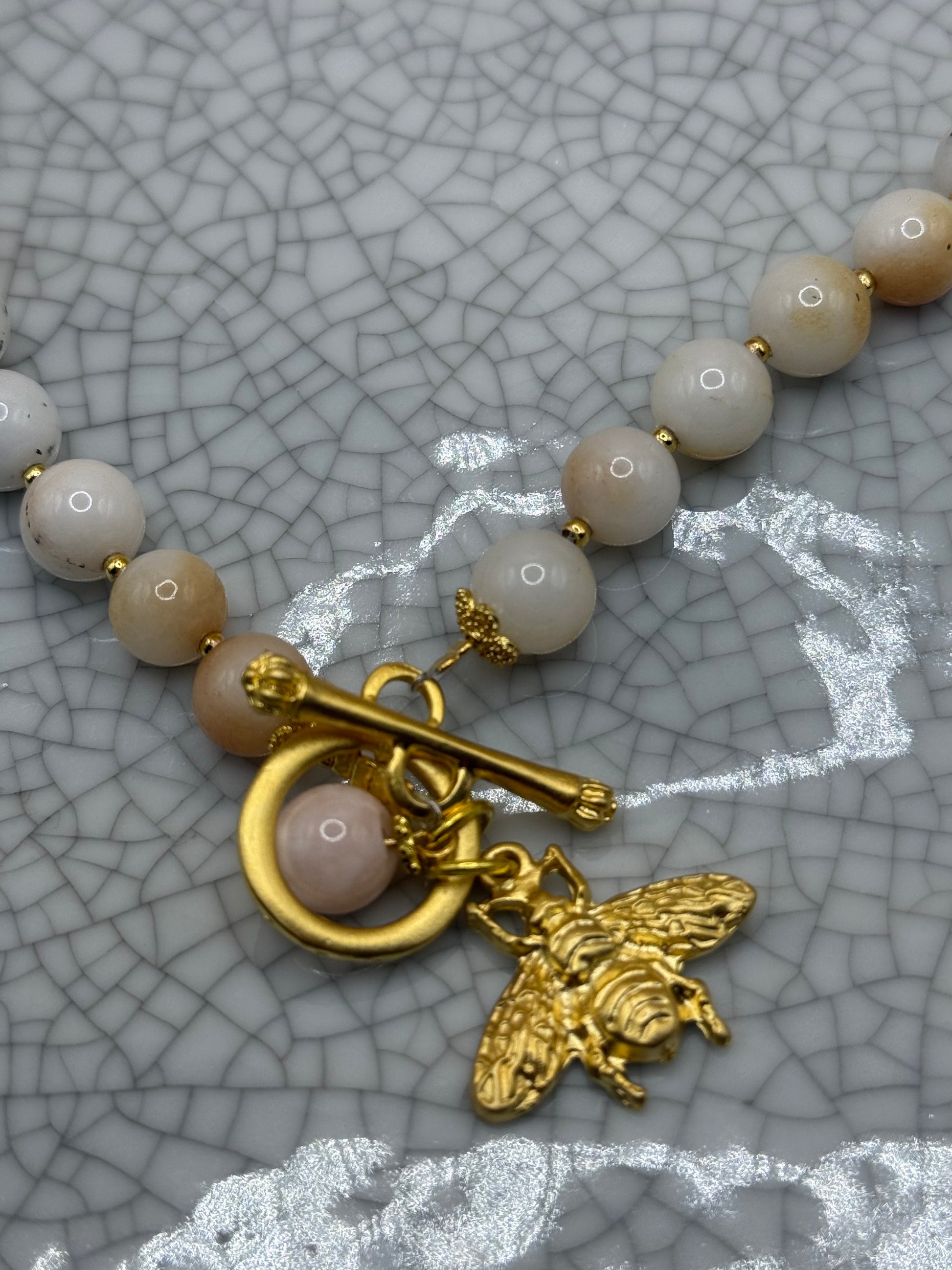 Cream Agate Necklace With Gold Bee Charm