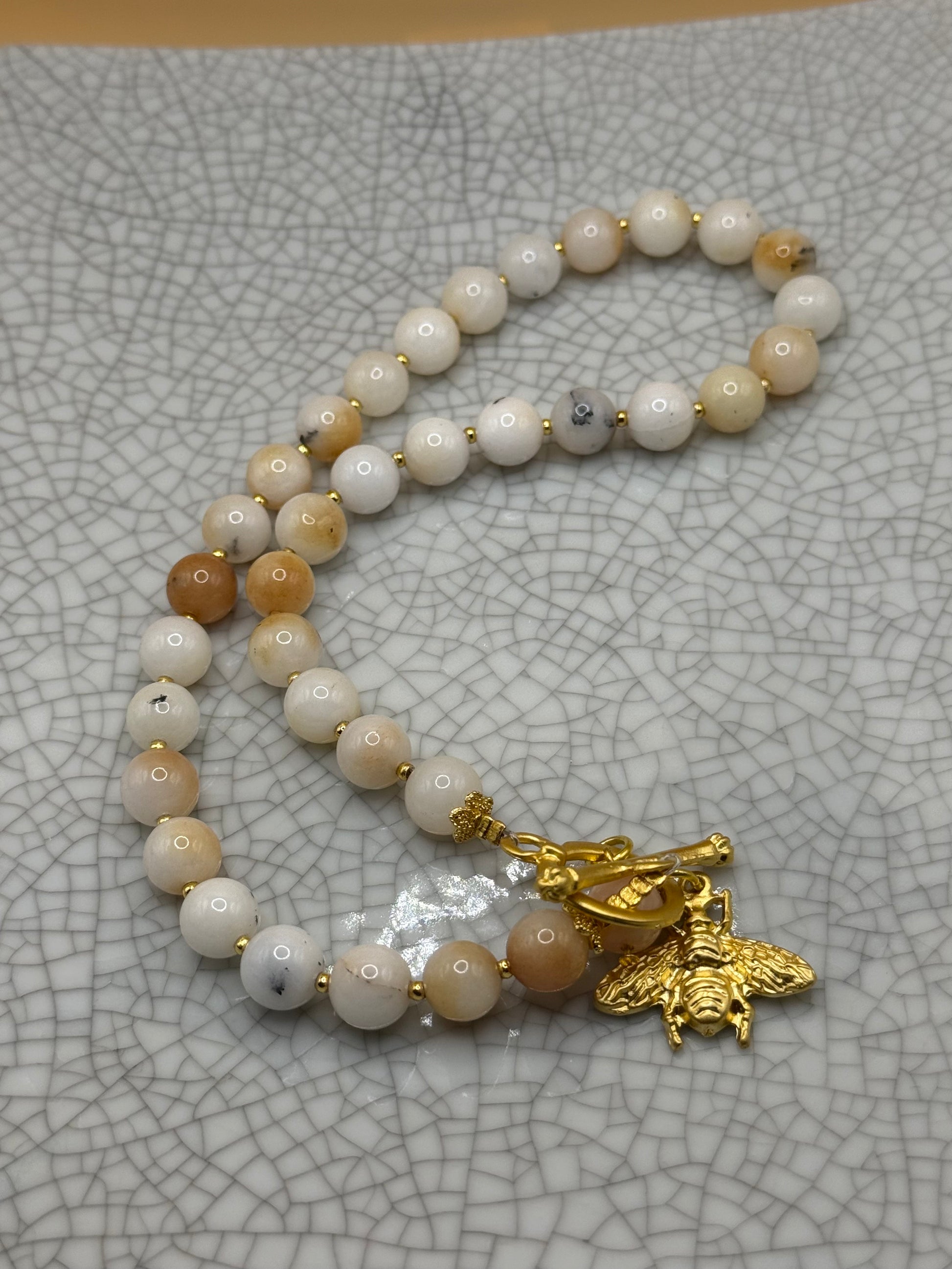 Cream Agate Necklace With Gold Bee Charm