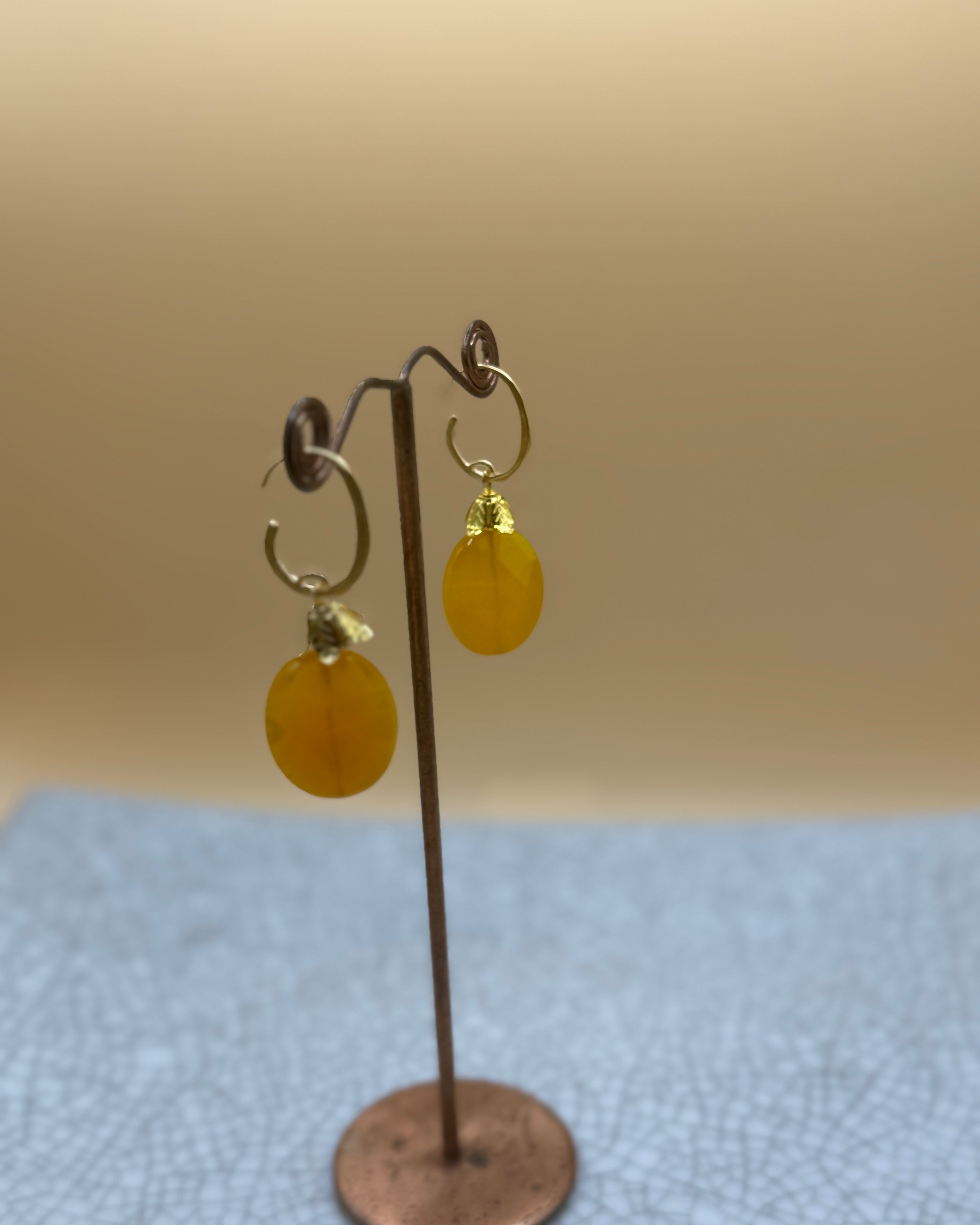 Gold Hoop Earrings with Yellow Agate Faceted Beads