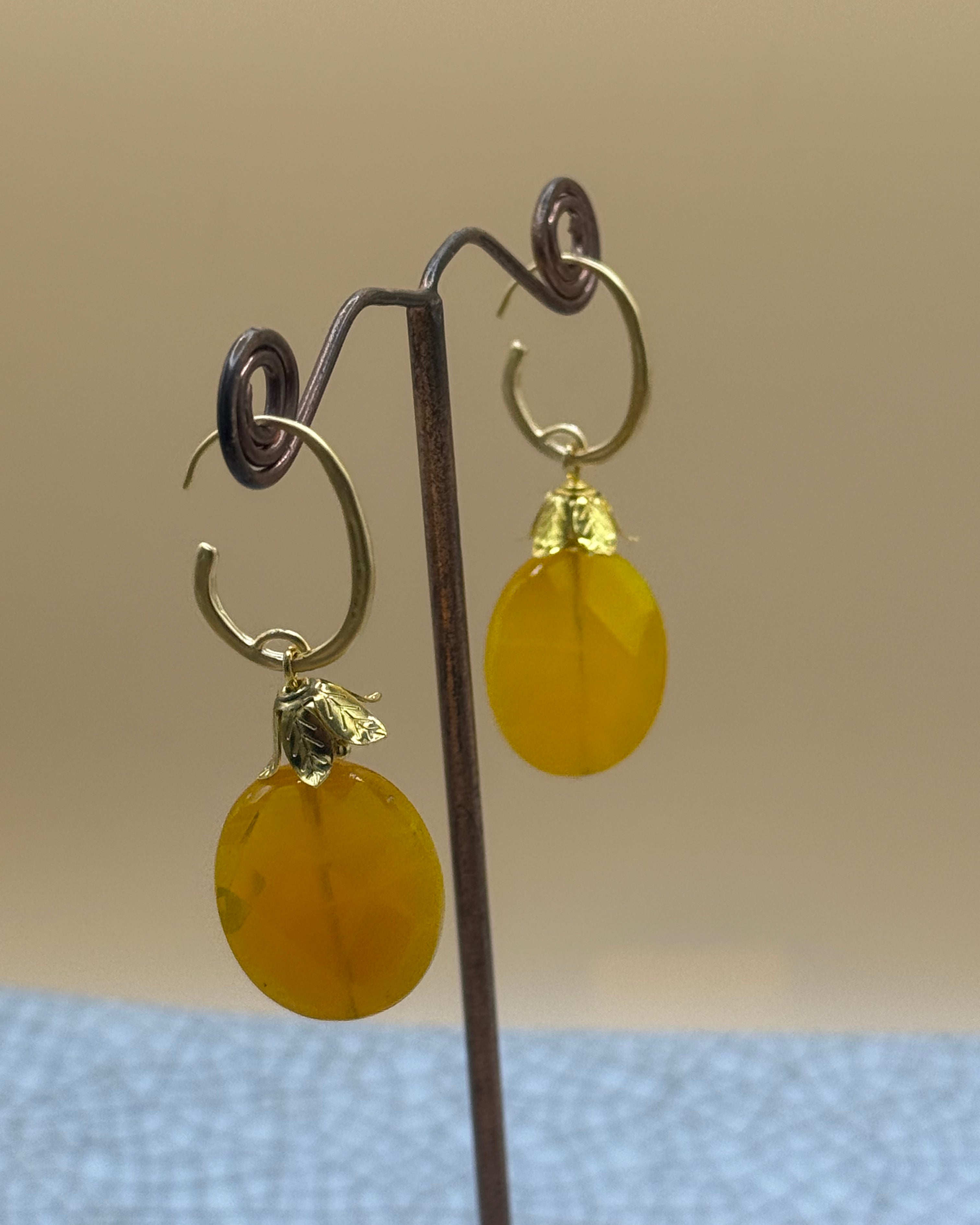 Gold Hoop Earrings with Yellow Agate Faceted Beads