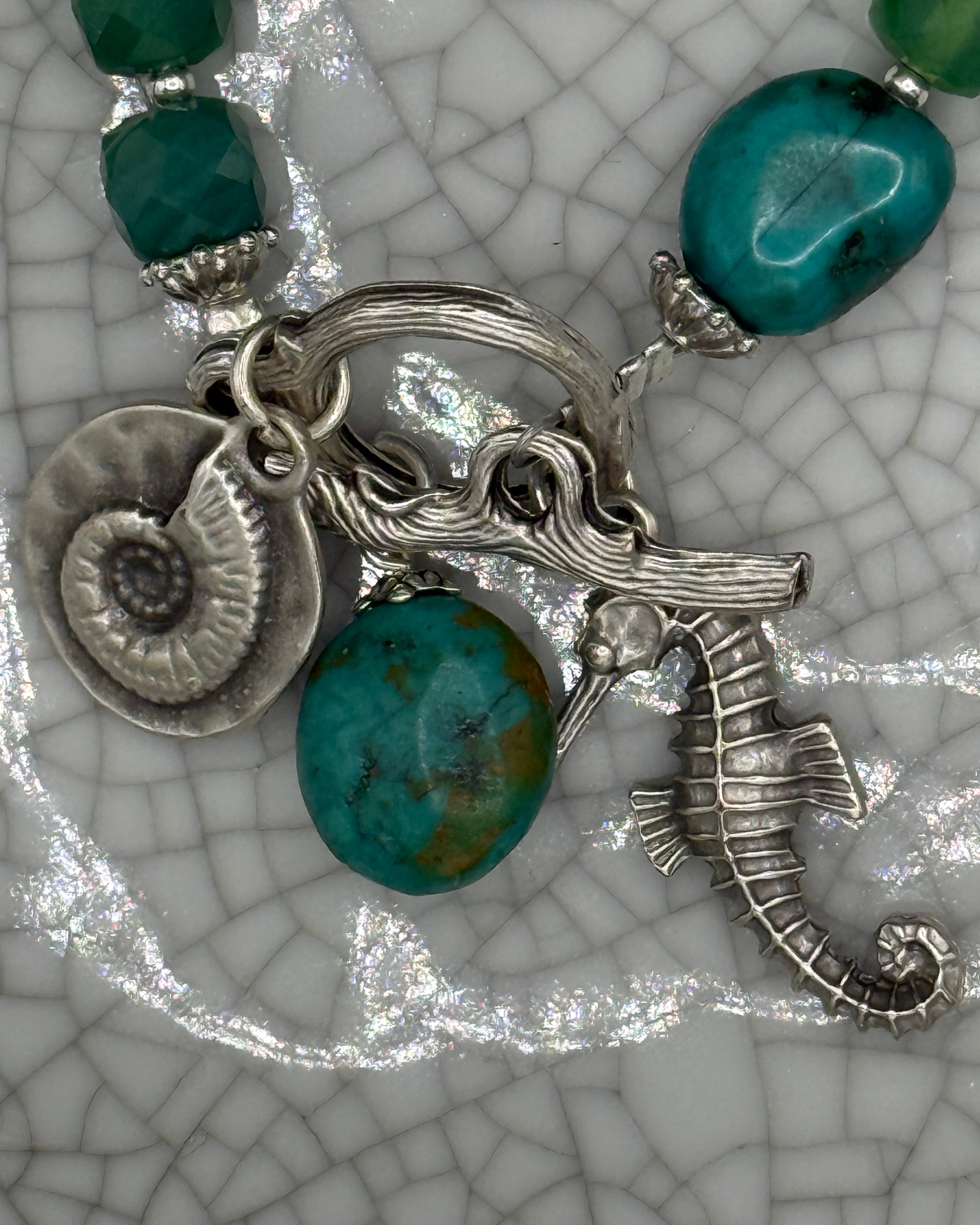 Natural Turquoise Bracelet with Silver Seahorse & Ammonite Charms – 20cm Handmade in Bristol
