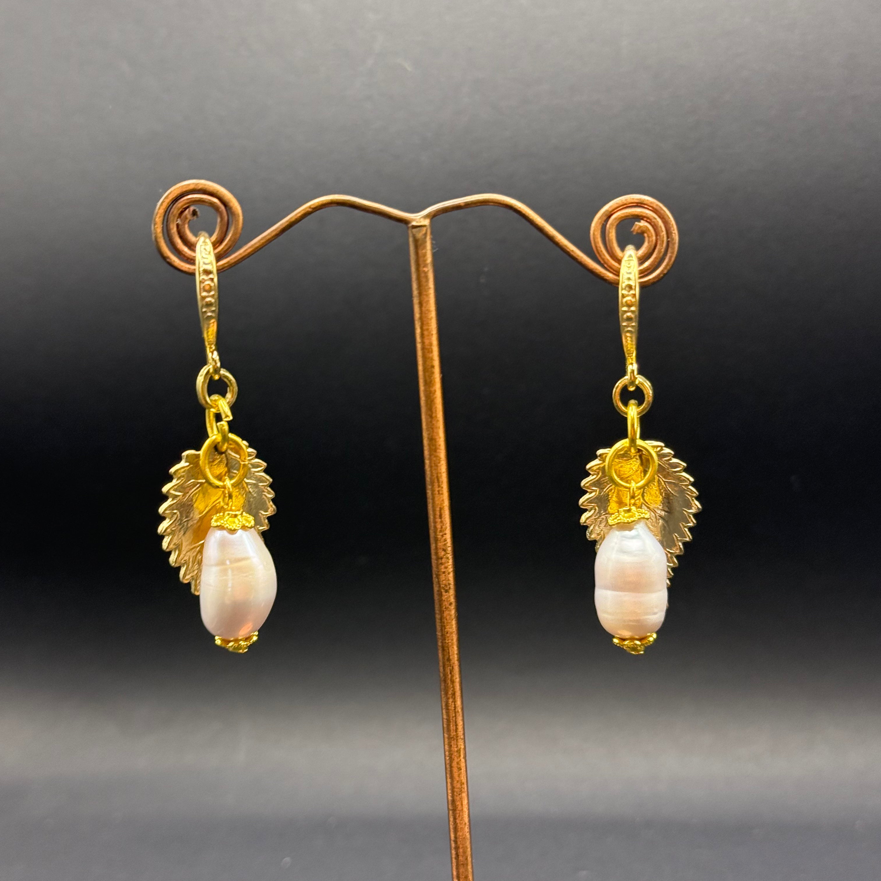 Oyster Coloured Freshwater Pearl & Gold Leaf Drop Earrings – Handmade in Bristol