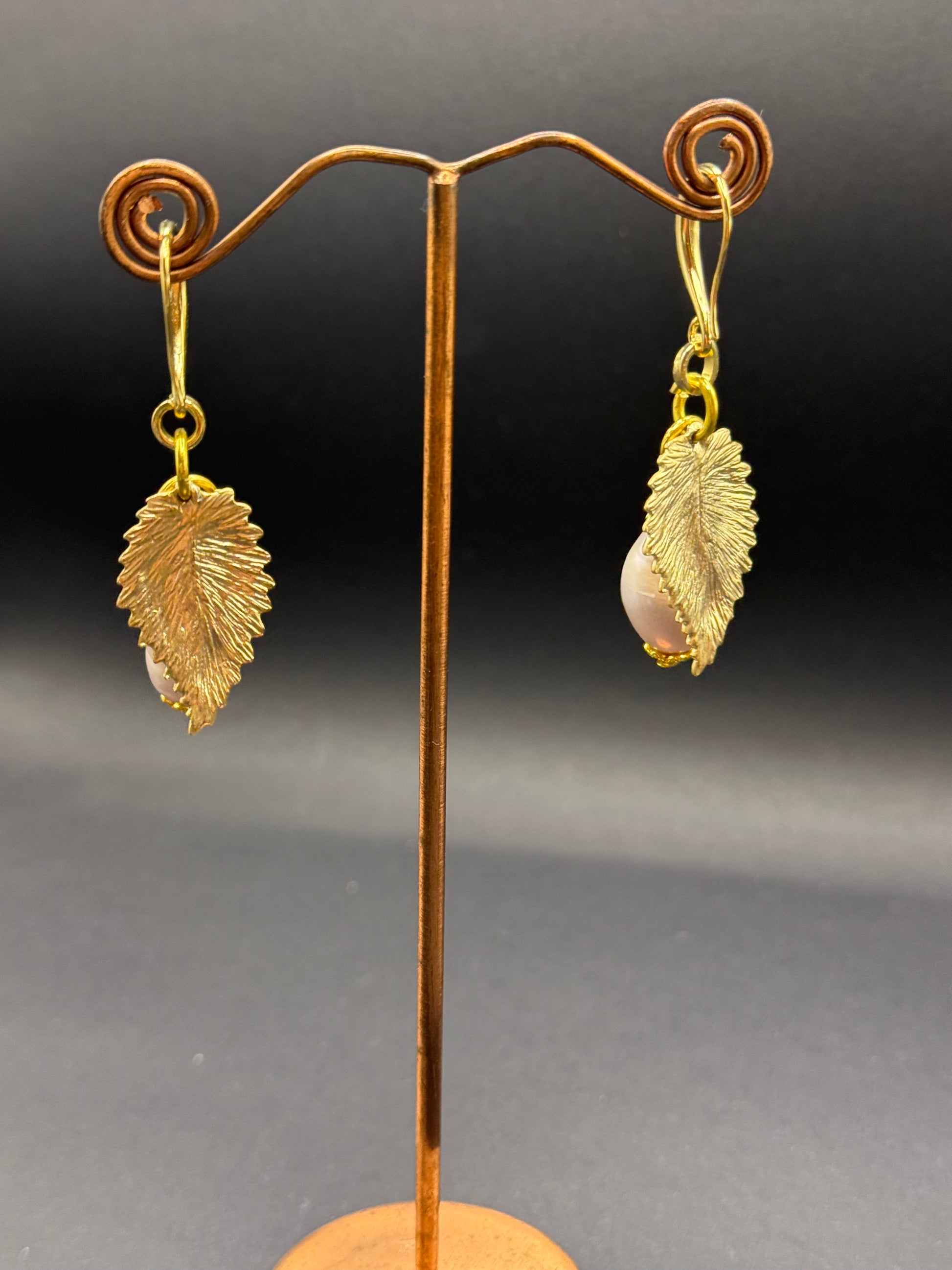 Oyster Coloured Freshwater Pearl & Gold Leaf Drop Earrings – Handmade in Bristol