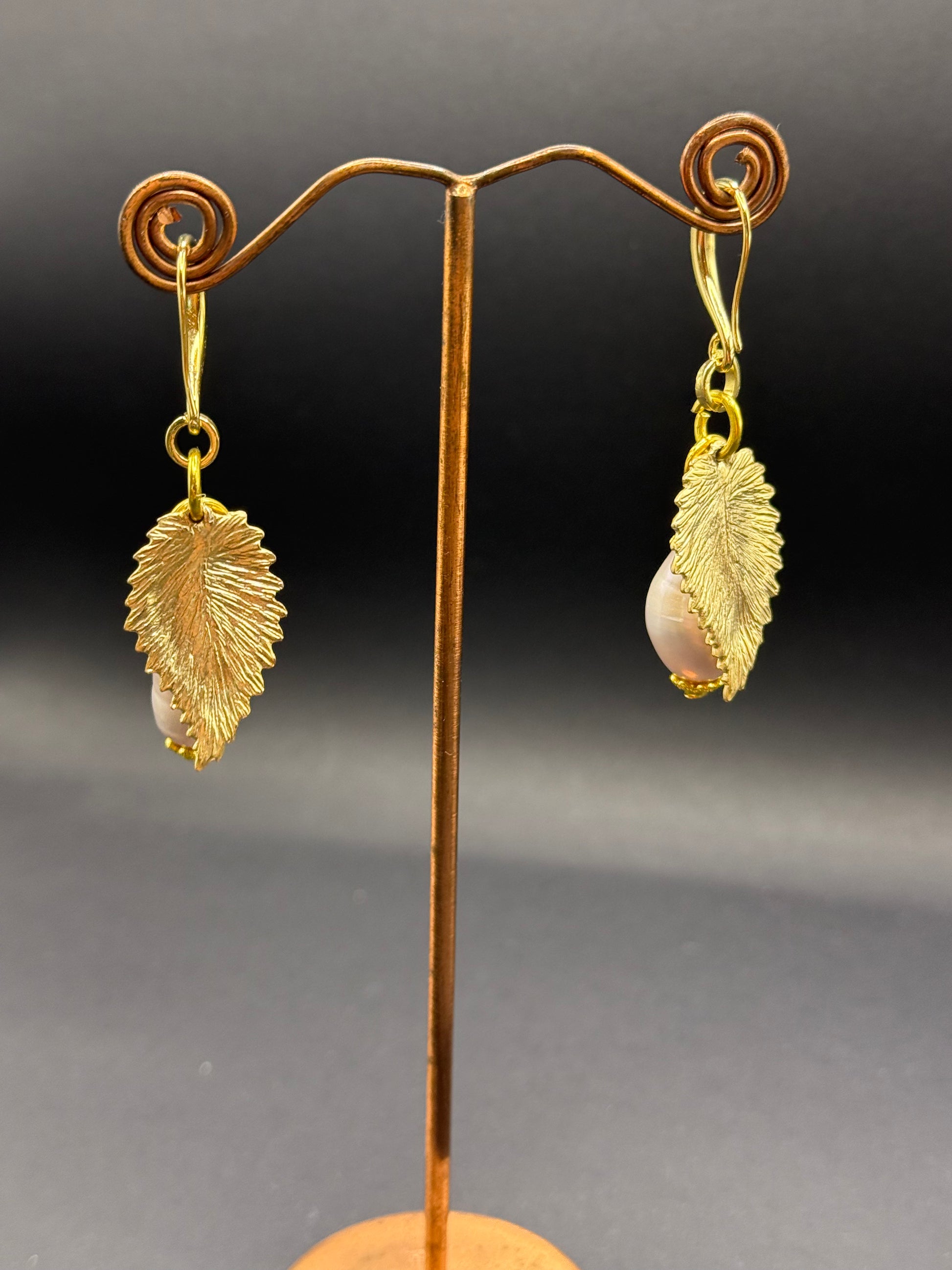 Oyster Coloured Freshwater Pearl & Gold Leaf Drop Earrings – Handmade in Bristol