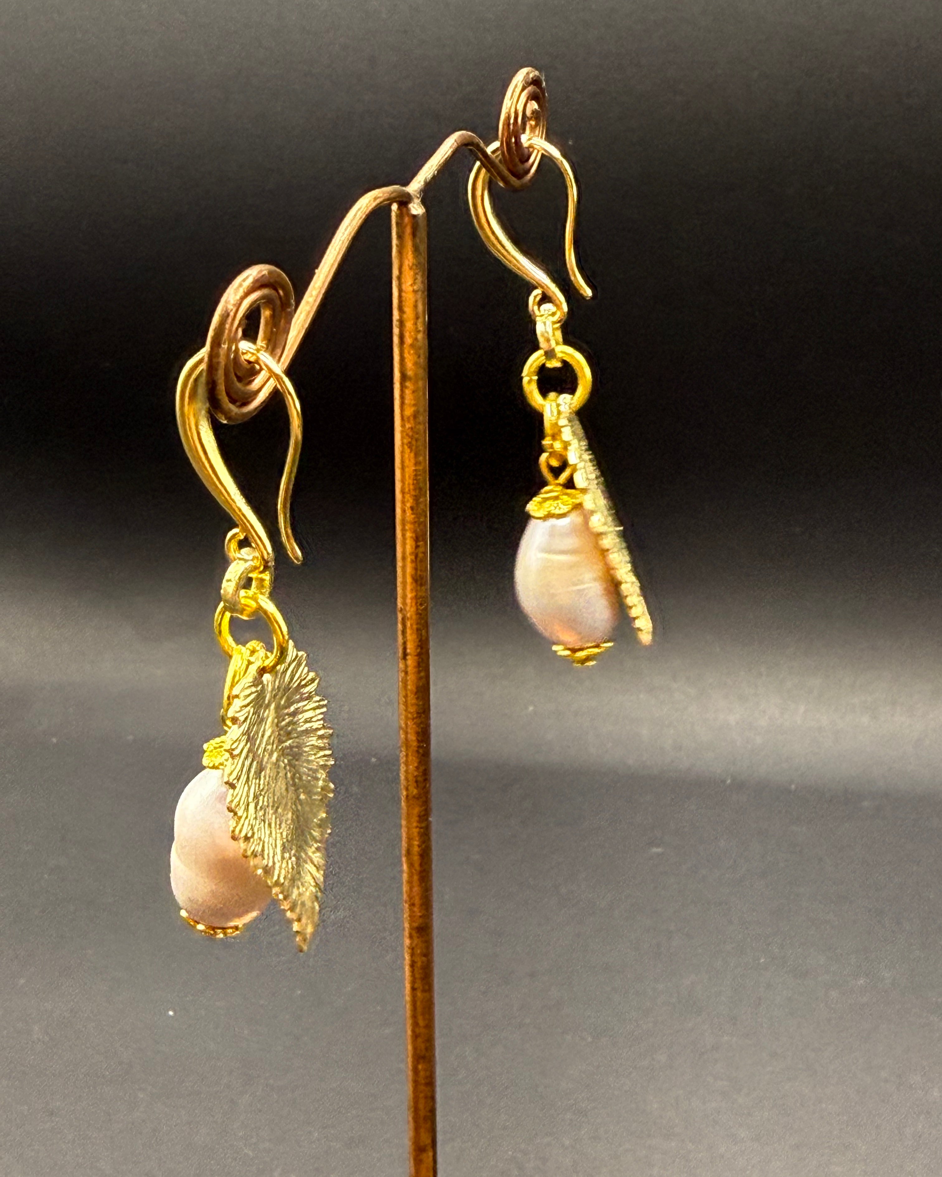 Oyster Coloured Freshwater Pearl & Gold Leaf Drop Earrings – Handmade in Bristol