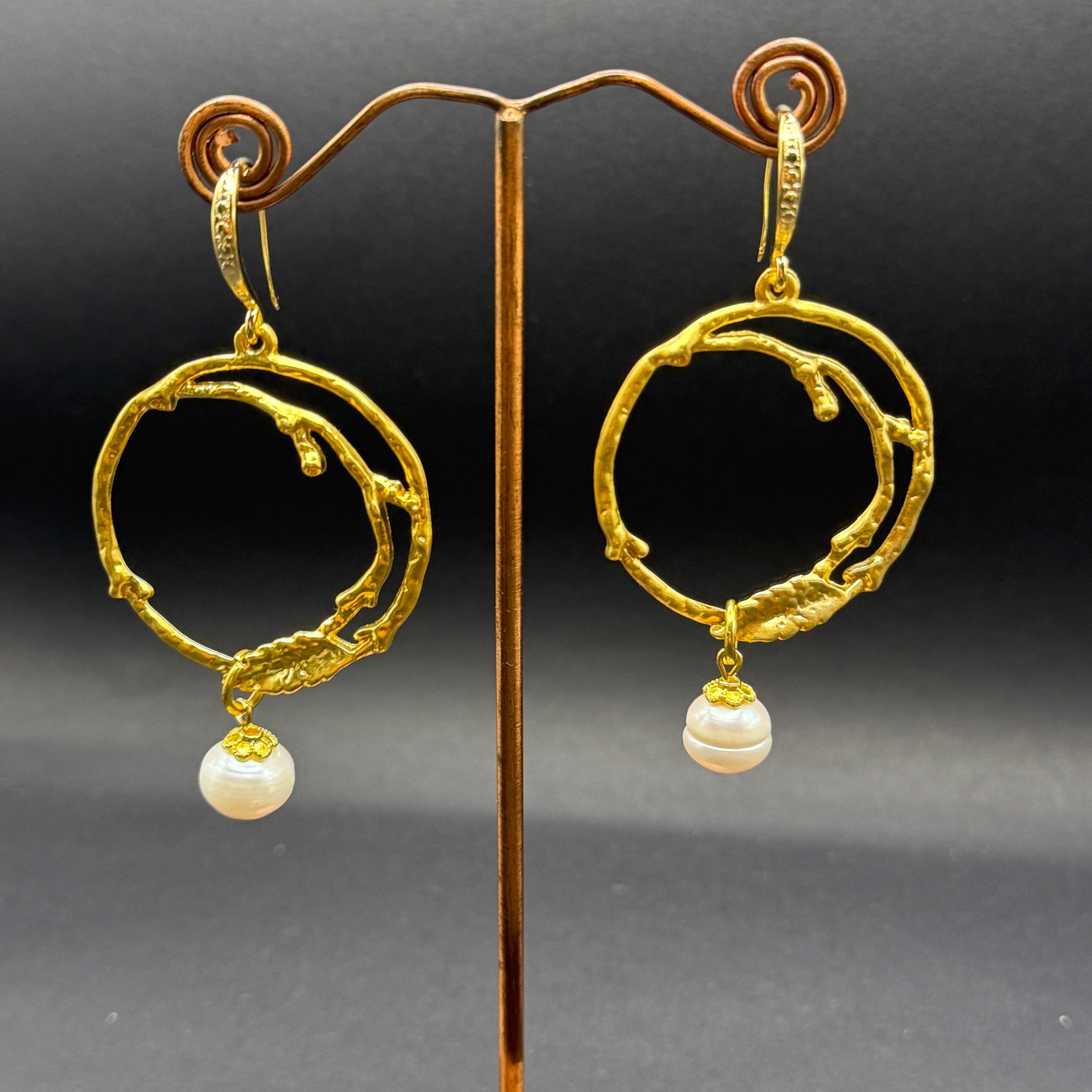 Irregular Gold Hoop & Freshwater Pearl Drop Earrings – Handmade in Bristol