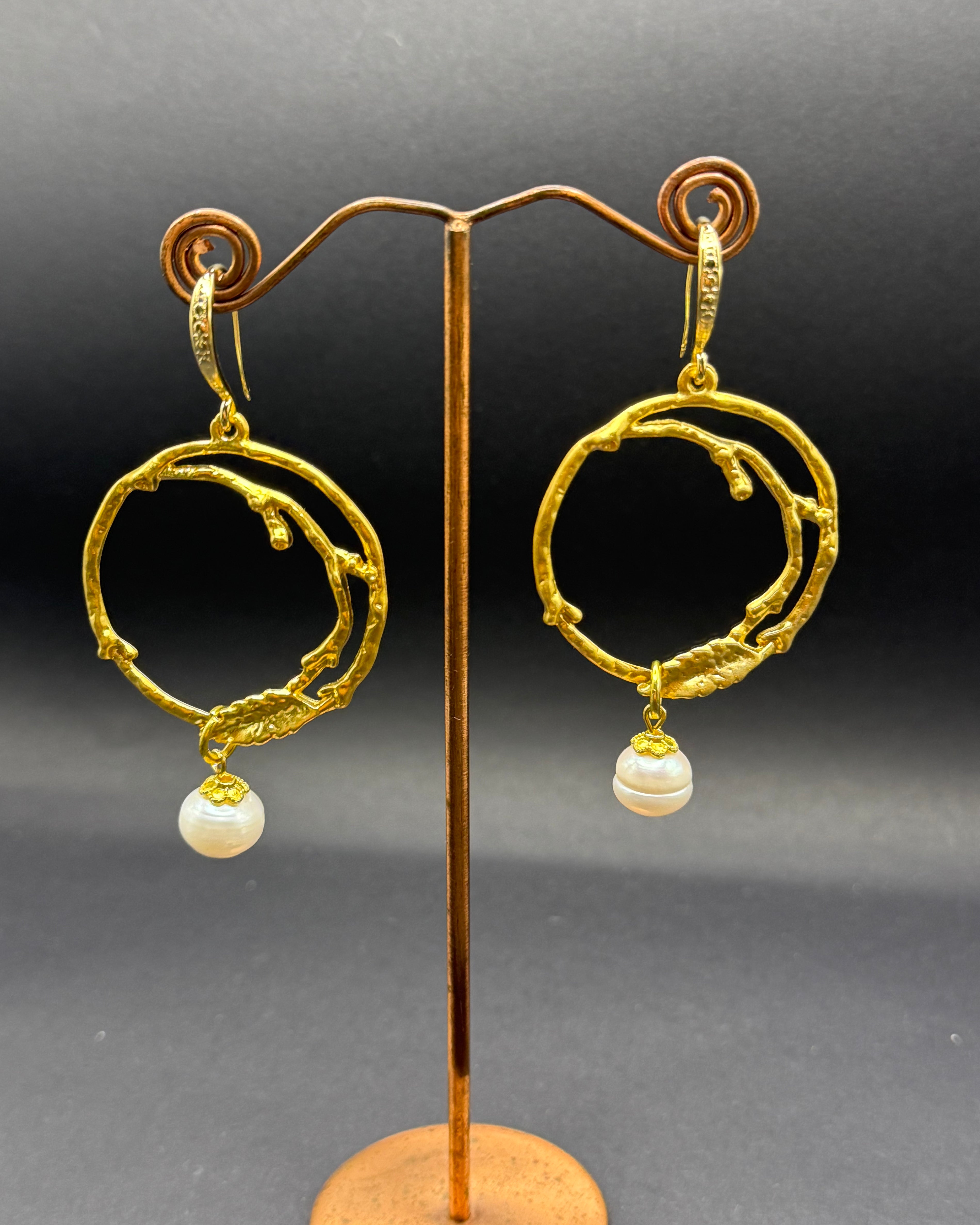 Irregular Gold Hoop & Freshwater Pearl Drop Earrings – Handmade in Bristol