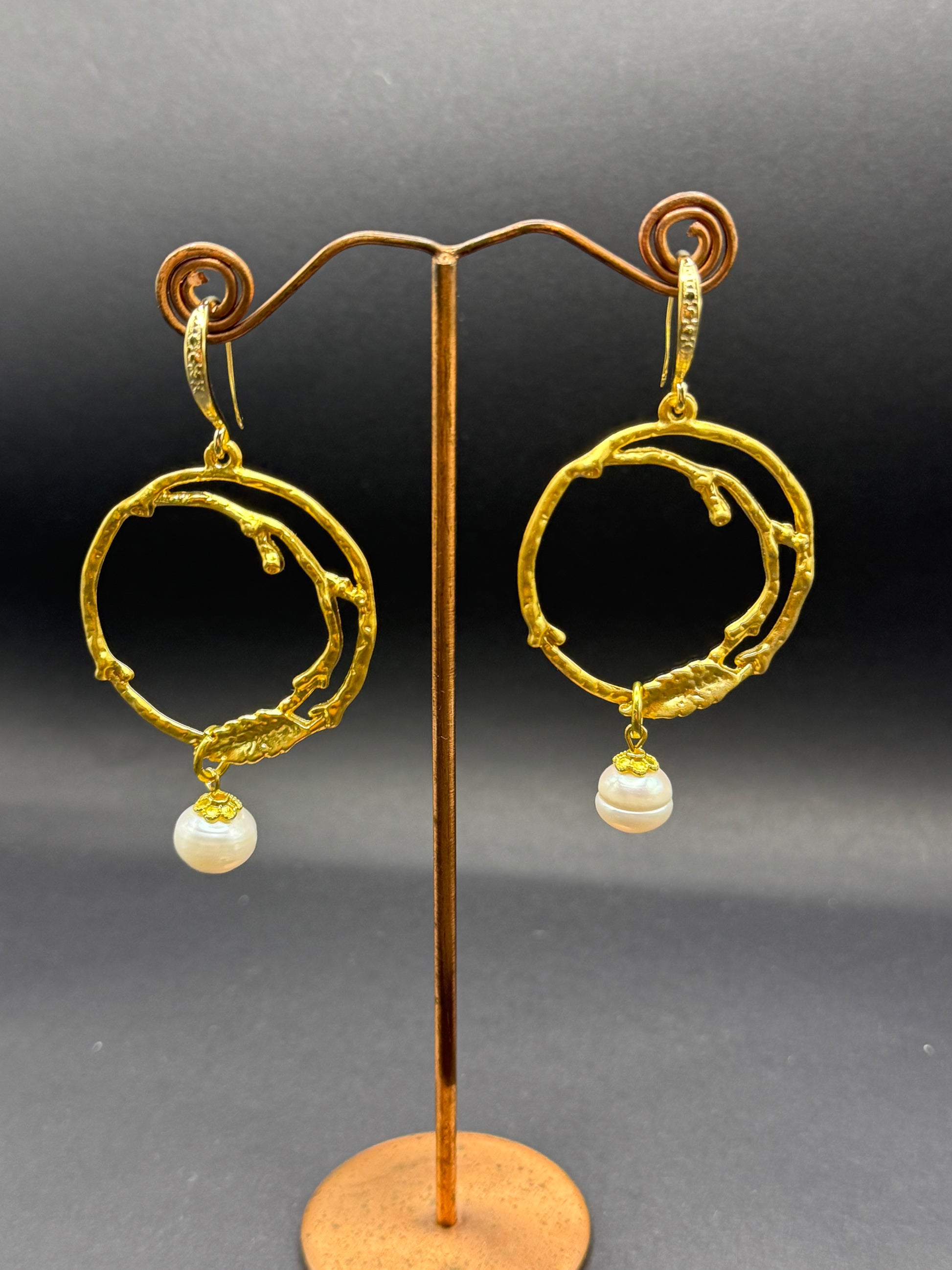 Irregular Gold Hoop & Freshwater Pearl Drop Earrings – Handmade in Bristol