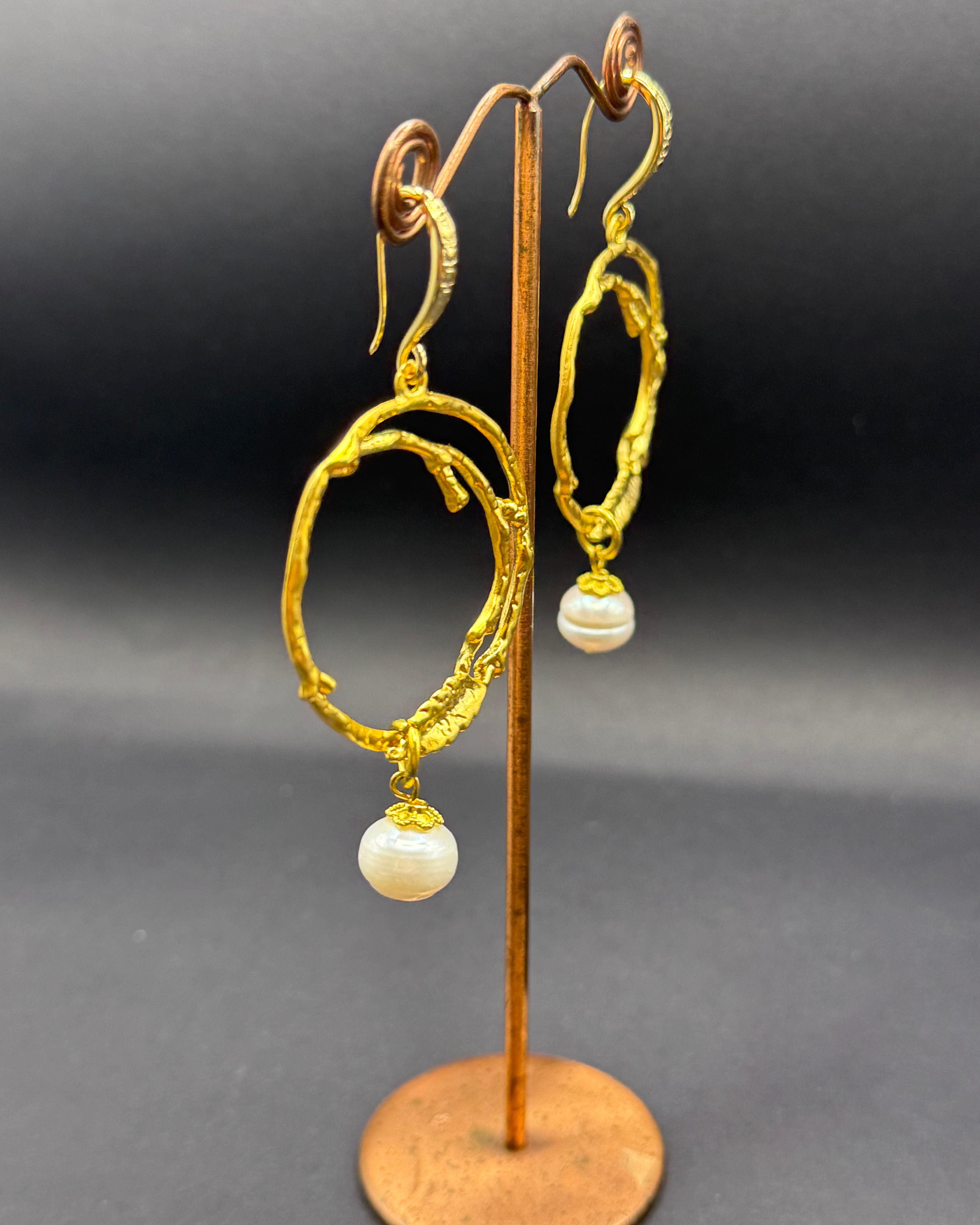 Irregular Gold Hoop & Freshwater Pearl Drop Earrings – Handmade in Bristol