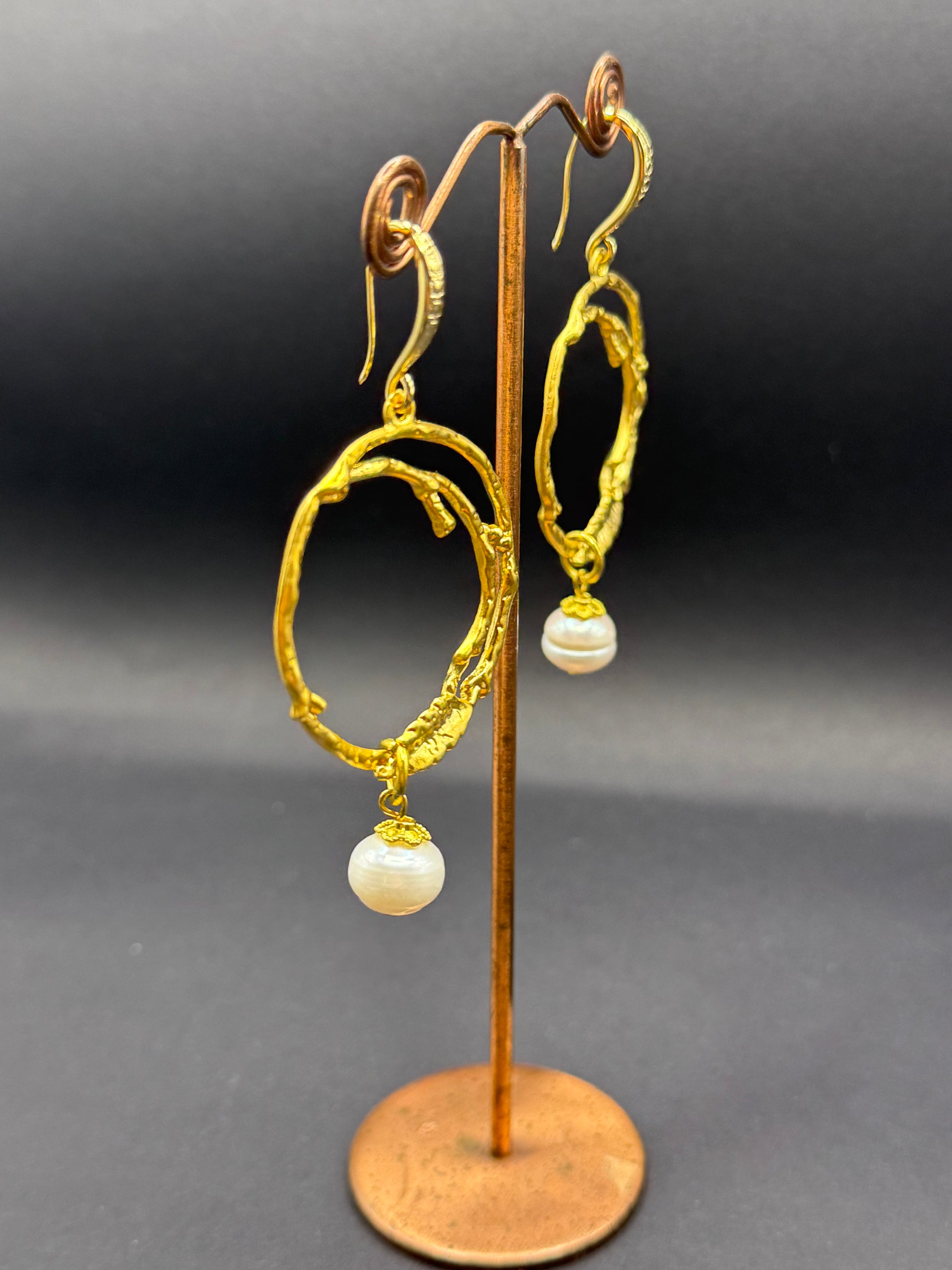 Irregular Gold Hoop & Freshwater Pearl Drop Earrings – Handmade in Bristol
