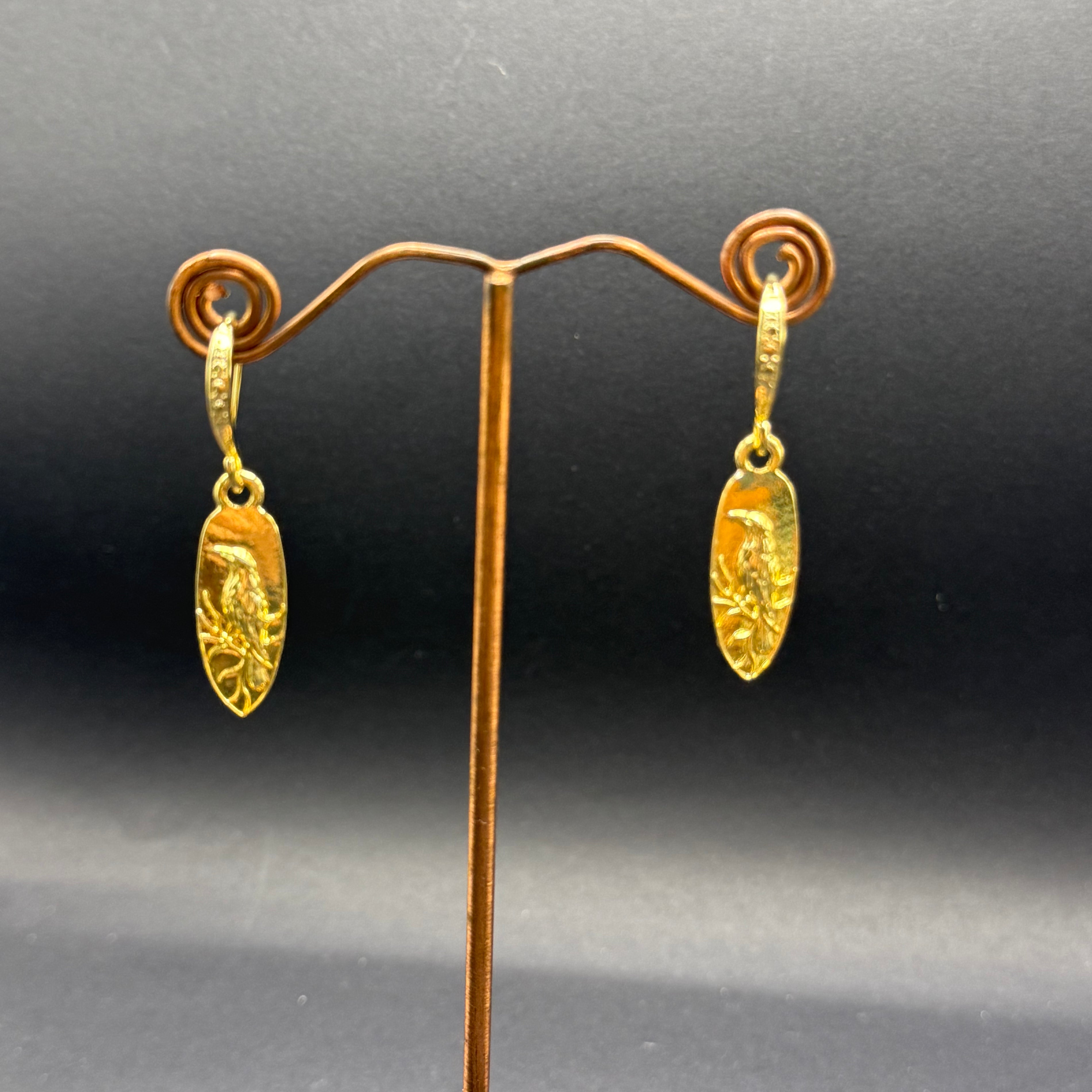 Gold Bird Motif Oval Drop Earrings – Handmade in Bristol