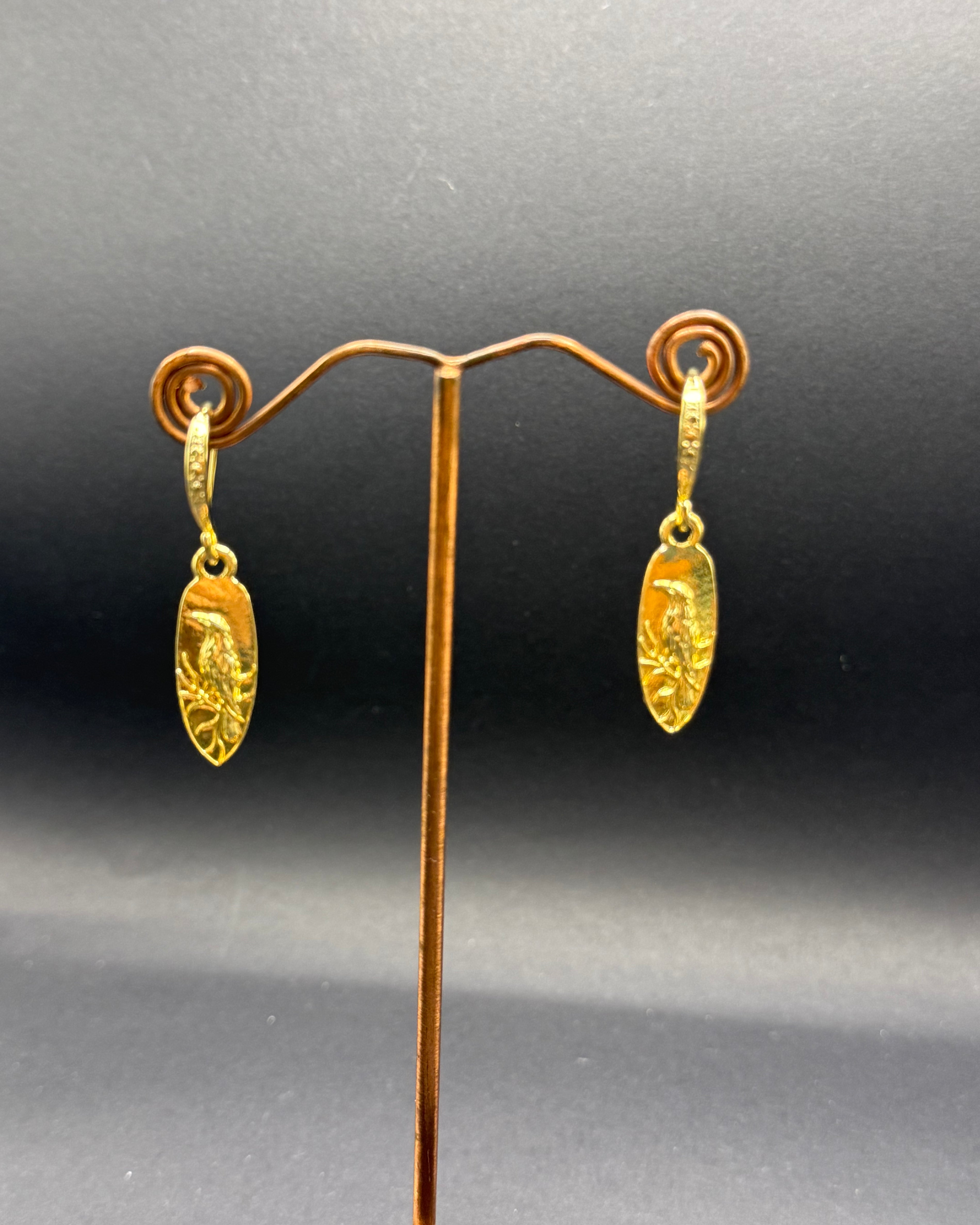 Gold Bird Motif Oval Drop Earrings – Handmade in Bristol