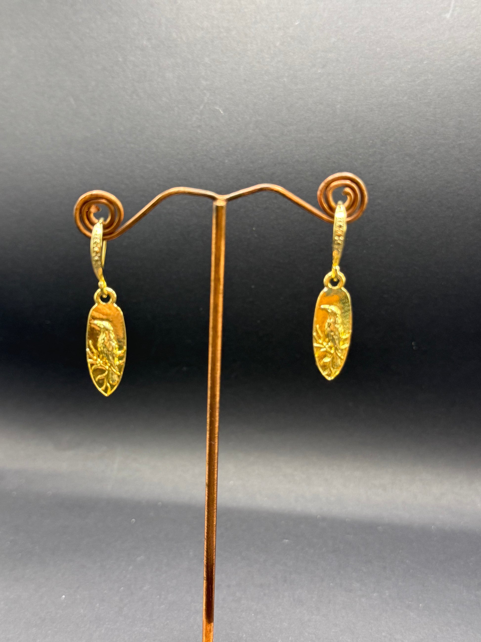 Gold Bird Motif Oval Drop Earrings – Handmade in Bristol