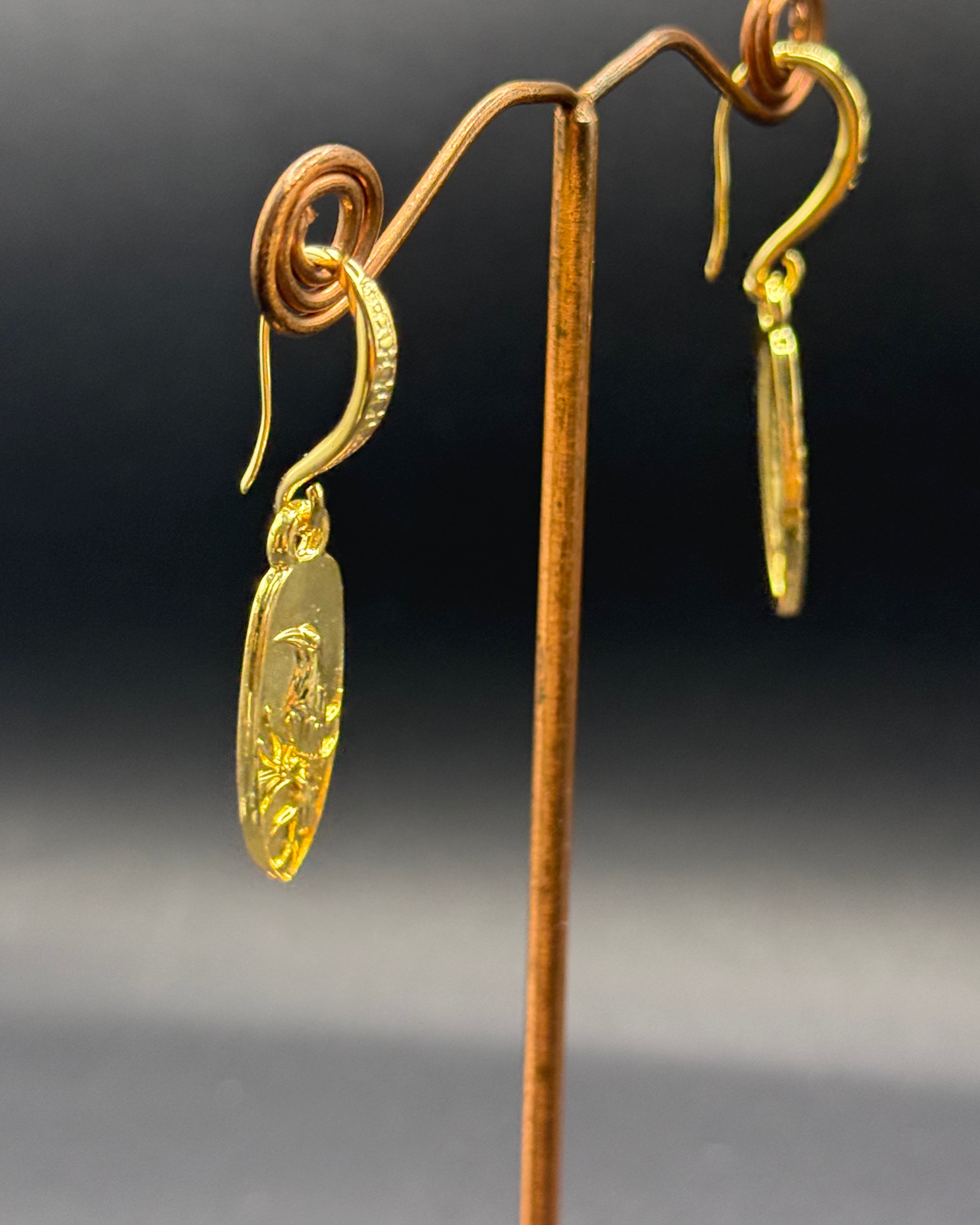 Gold Bird Motif Oval Drop Earrings – Handmade in Bristol