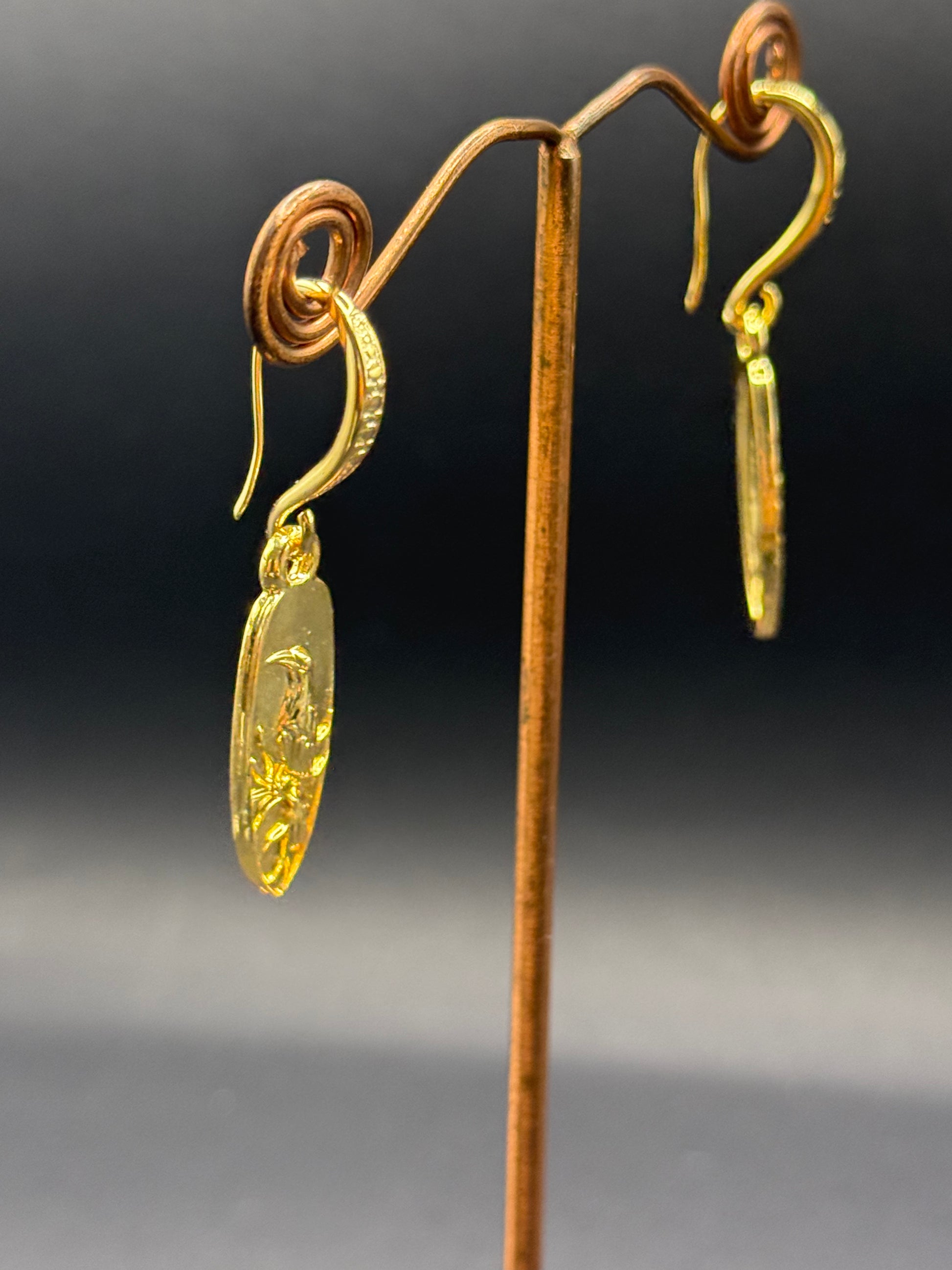 Gold Bird Motif Oval Drop Earrings – Handmade in Bristol