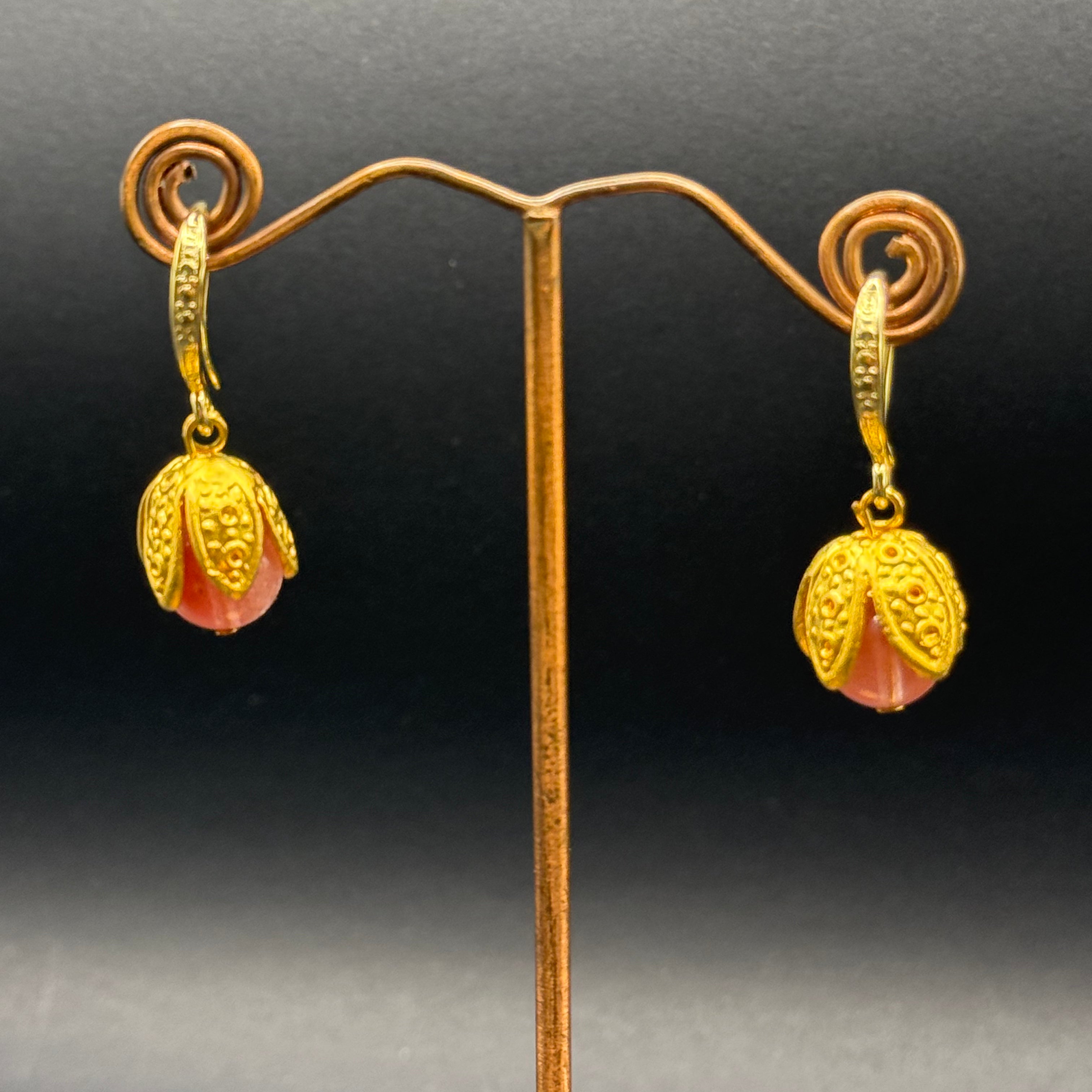 Cherry Quartz & Gold Bud Drop Earrings – Handmade in Bristol