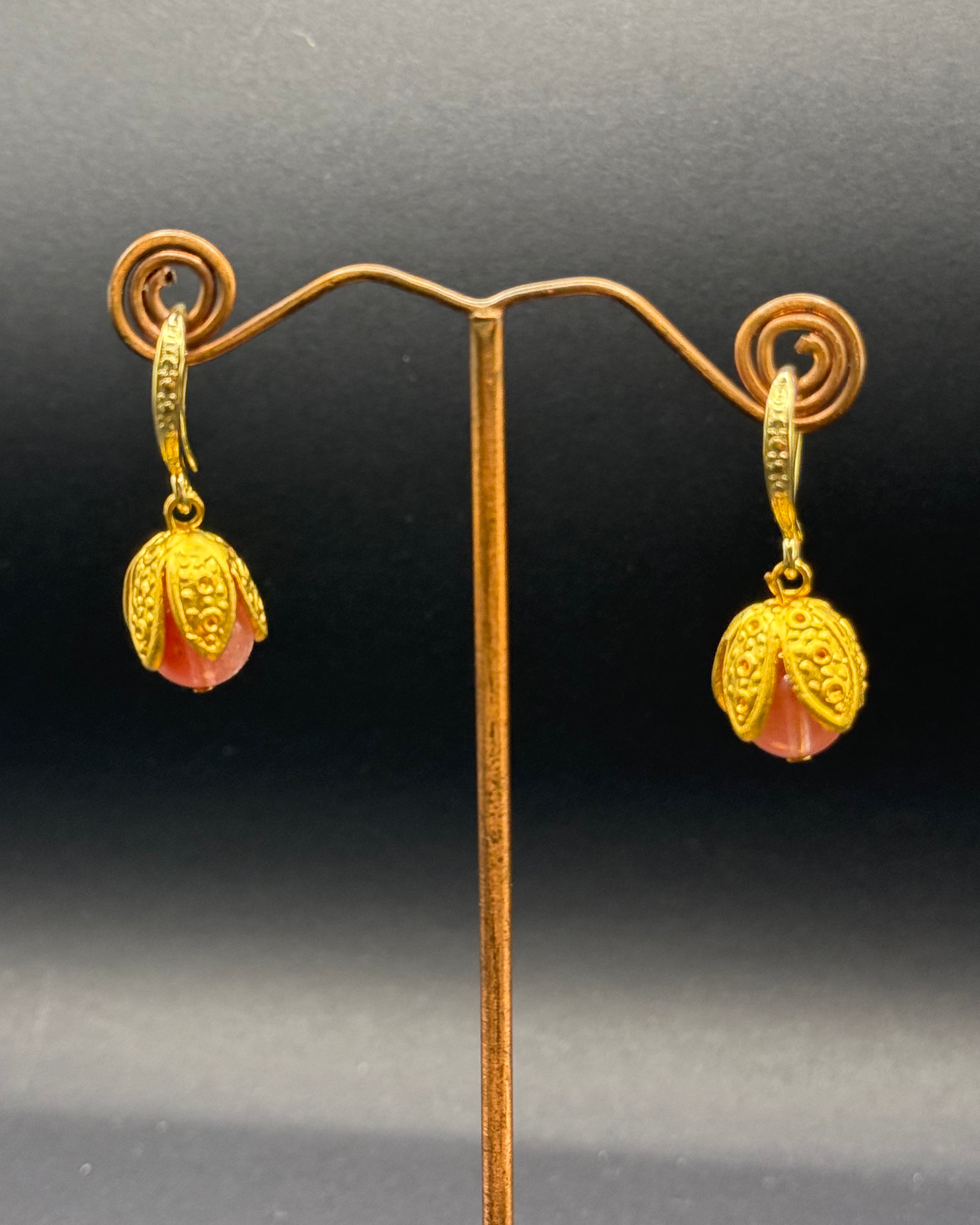 Cherry Quartz & Gold Bud Drop Earrings – Handmade in Bristol