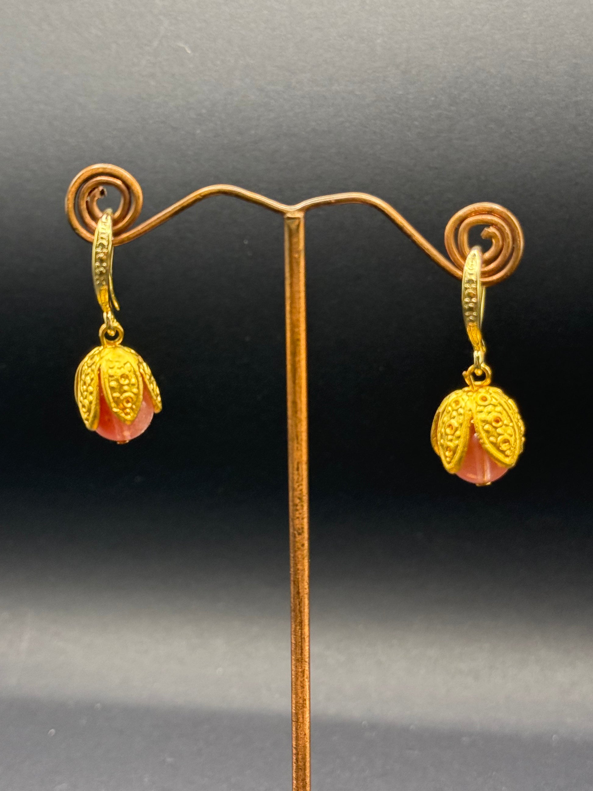 Cherry Quartz & Gold Bud Drop Earrings – Handmade in Bristol