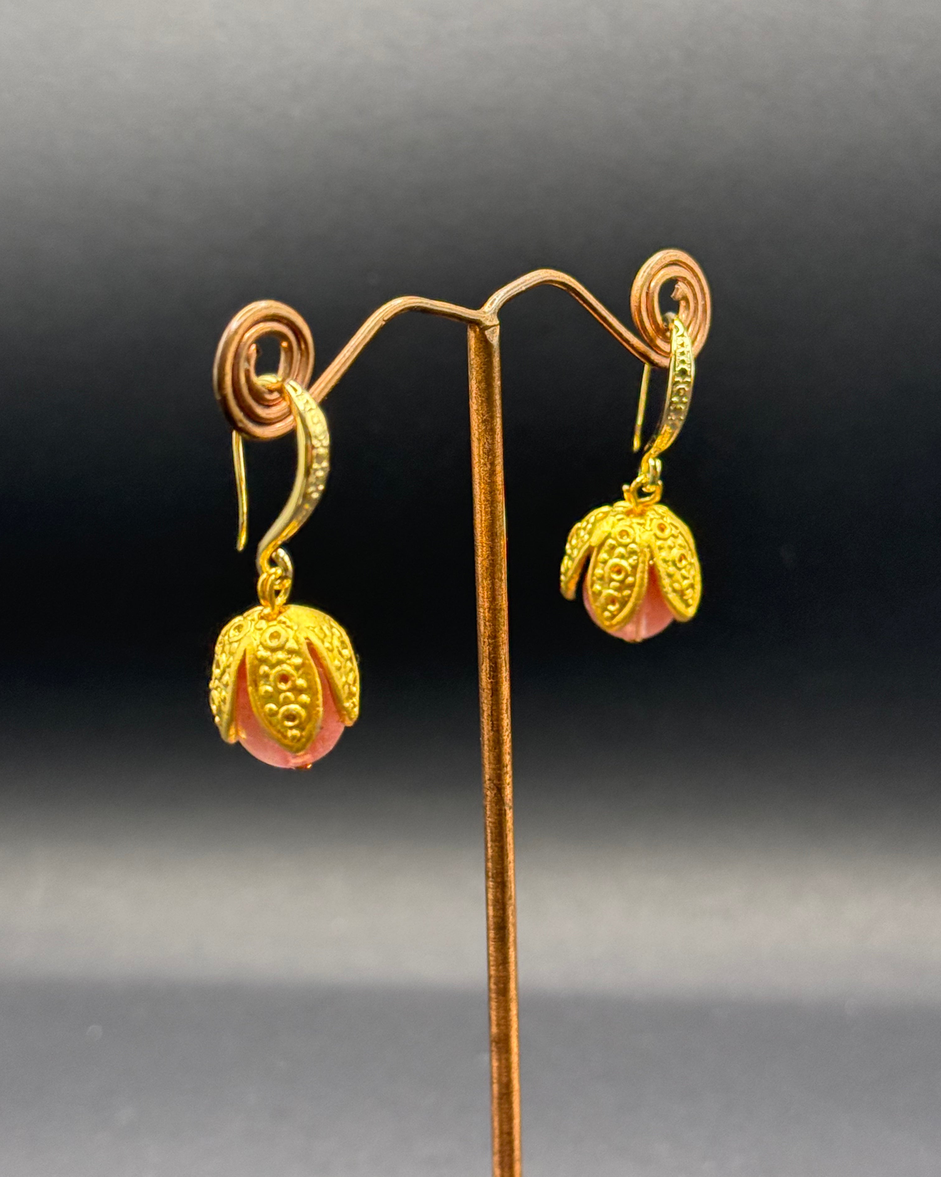 Cherry Quartz & Gold Bud Drop Earrings – Handmade in Bristol