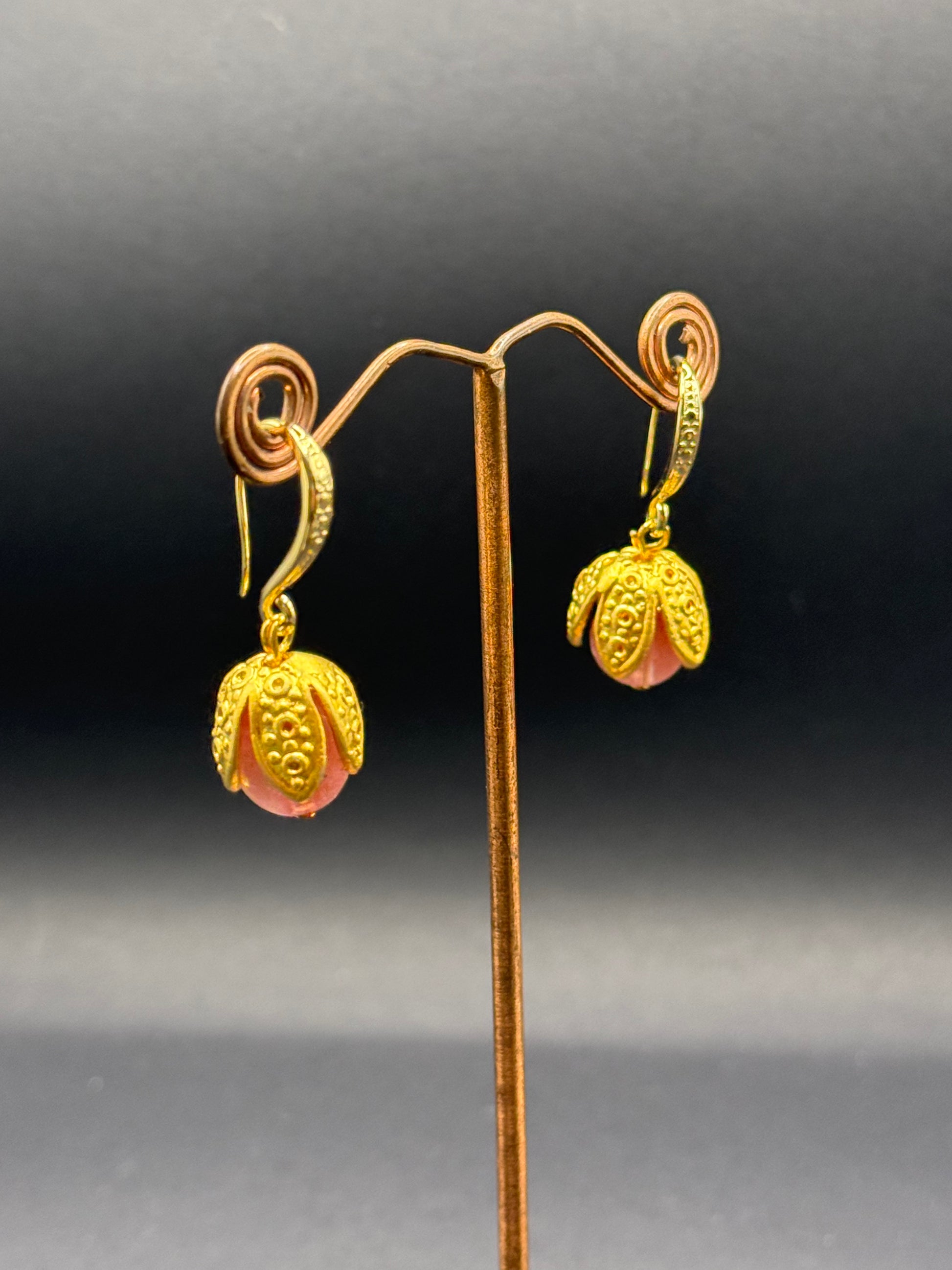 Cherry Quartz & Gold Bud Drop Earrings – Handmade in Bristol